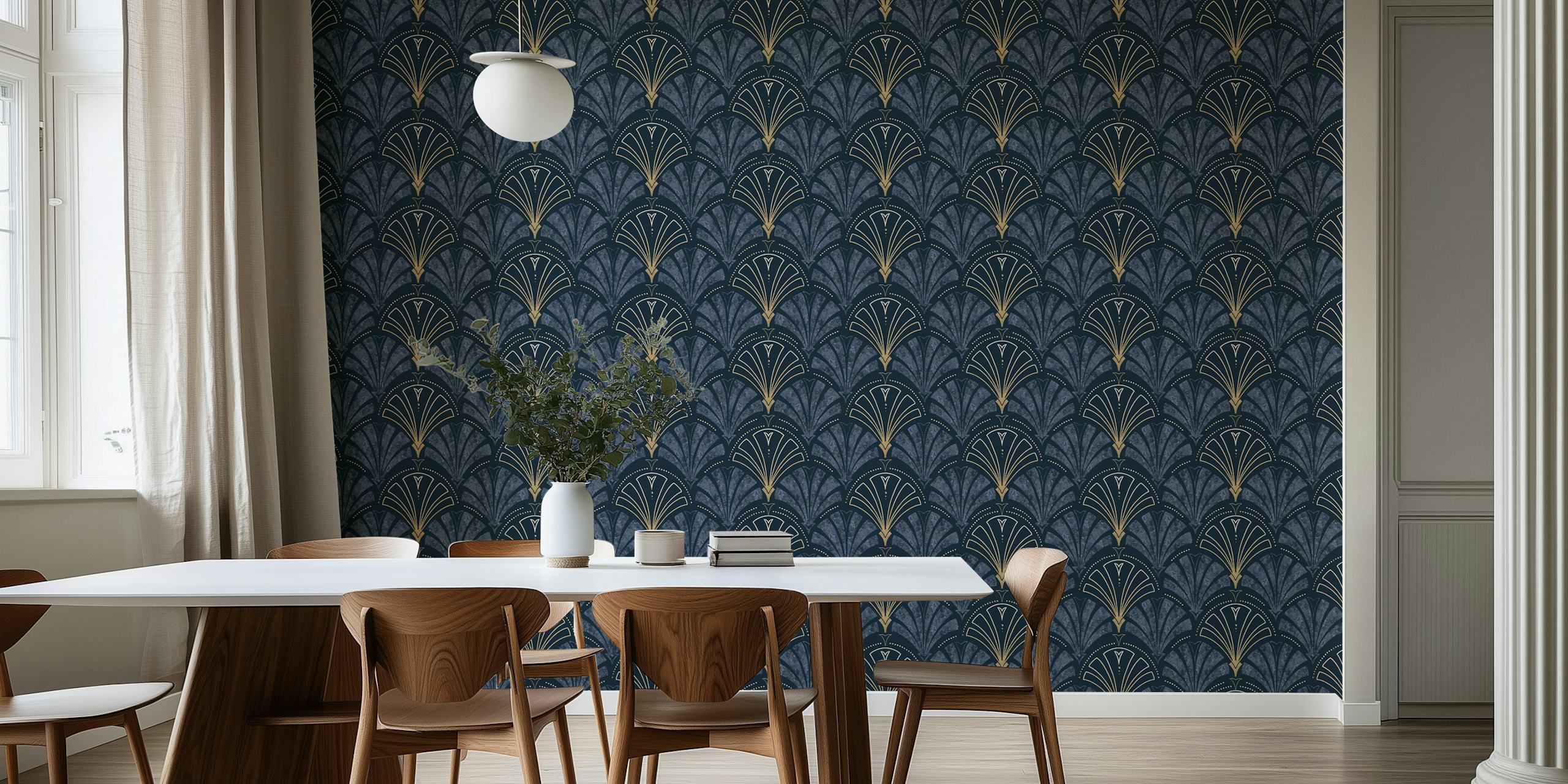 Navy and gold Art Deco pattern wallpaper with elegant fan shapes.