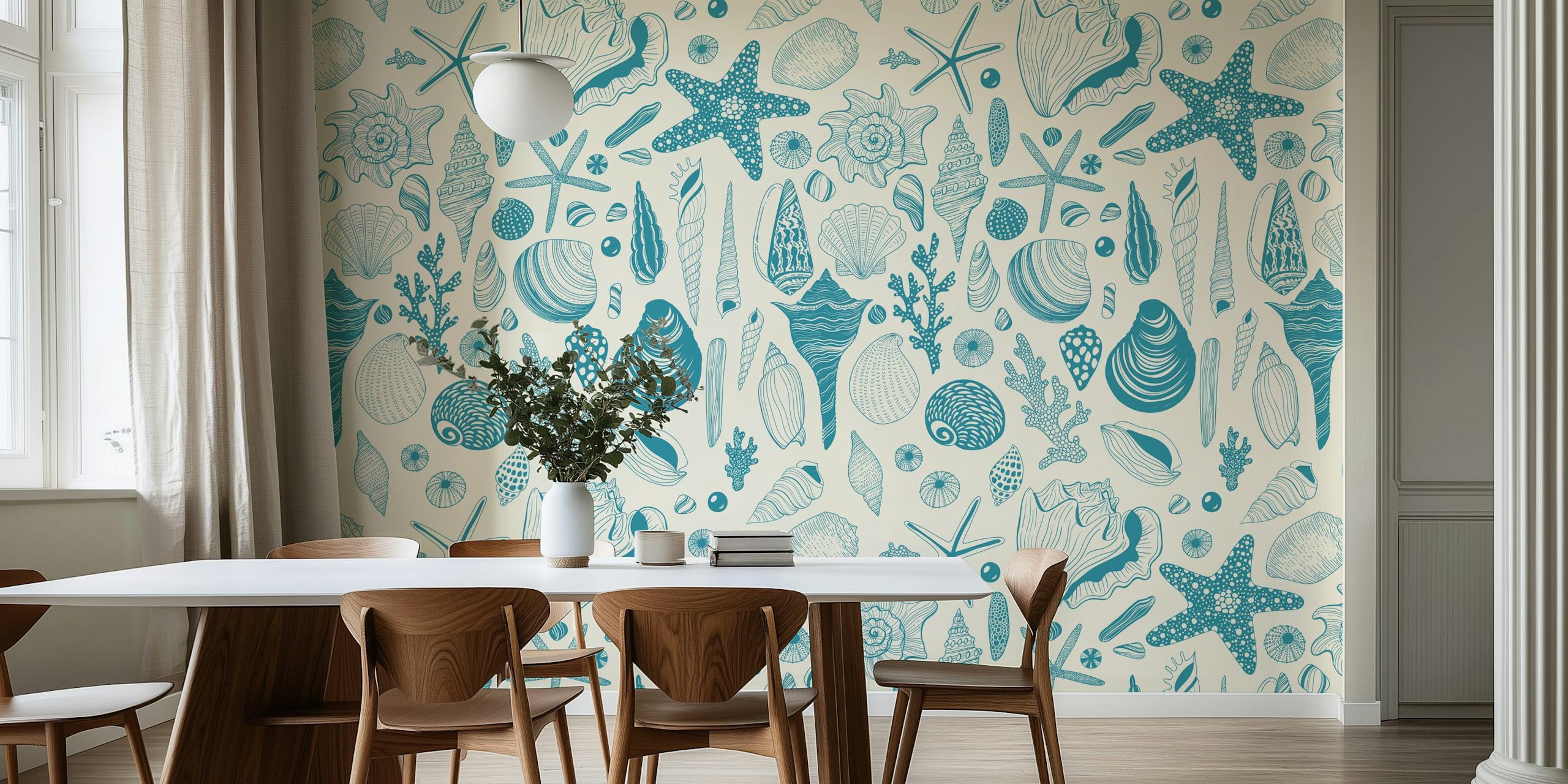 Seashells and starfish in blue tones on light background wallpaper