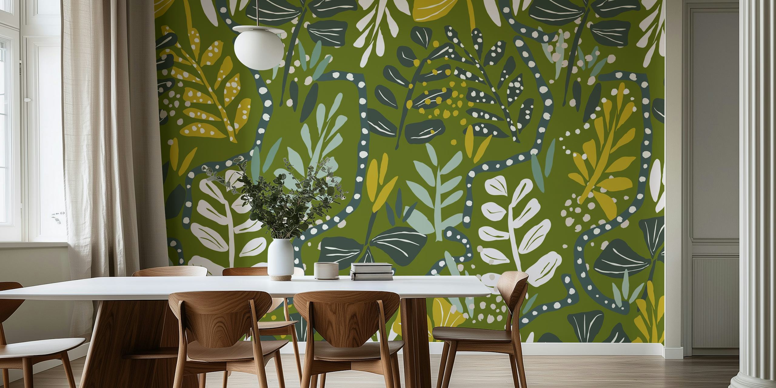 Papel pintado con hojas verdes y amarillas vibrantes