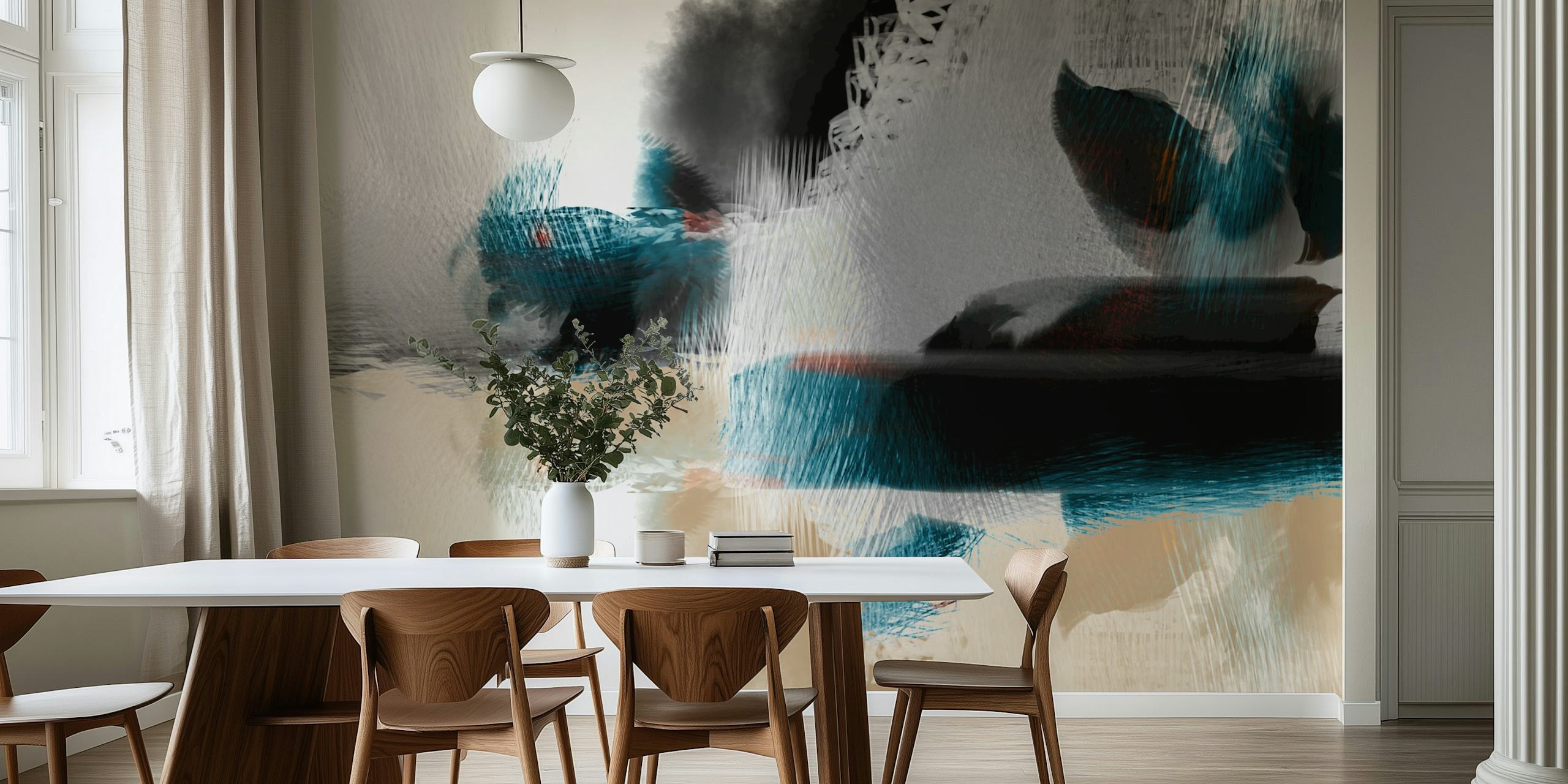 Abstract brushstroke design in blue and beige tones wallpaper