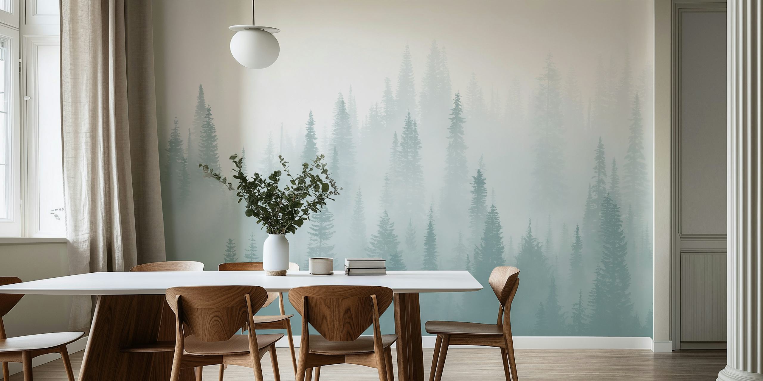 Moody monochrome wall mural with misty forest design