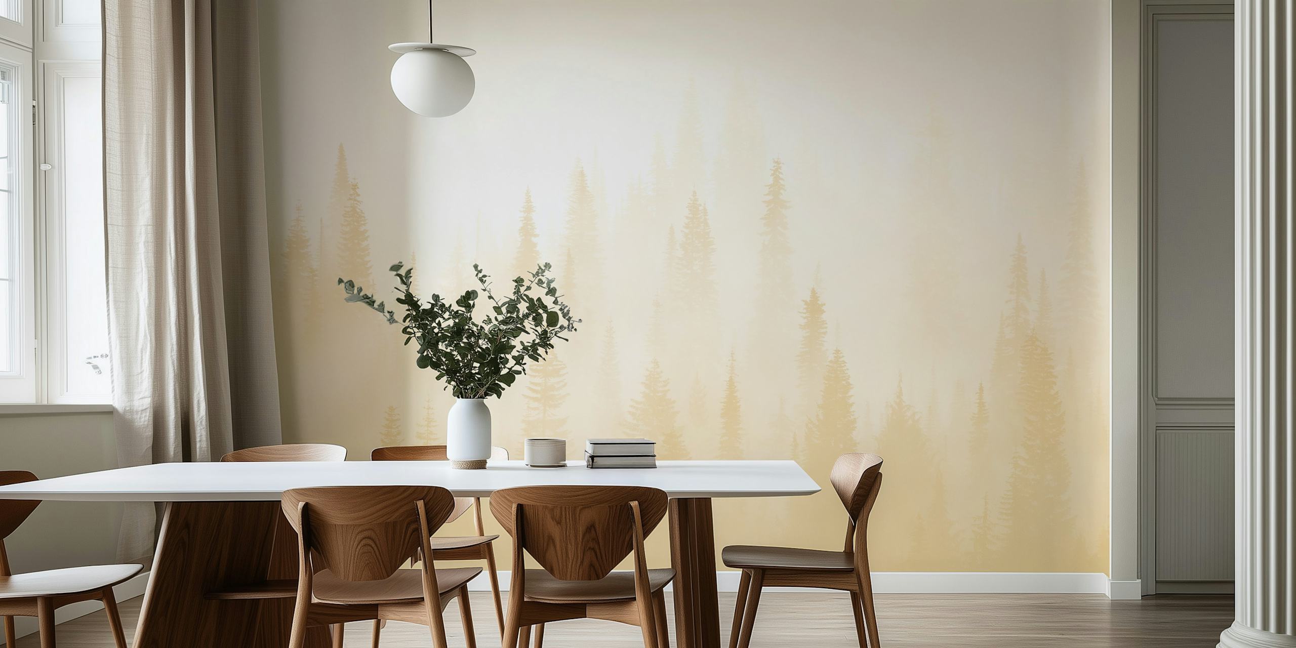 Misty forest yellow tapet i ett rum