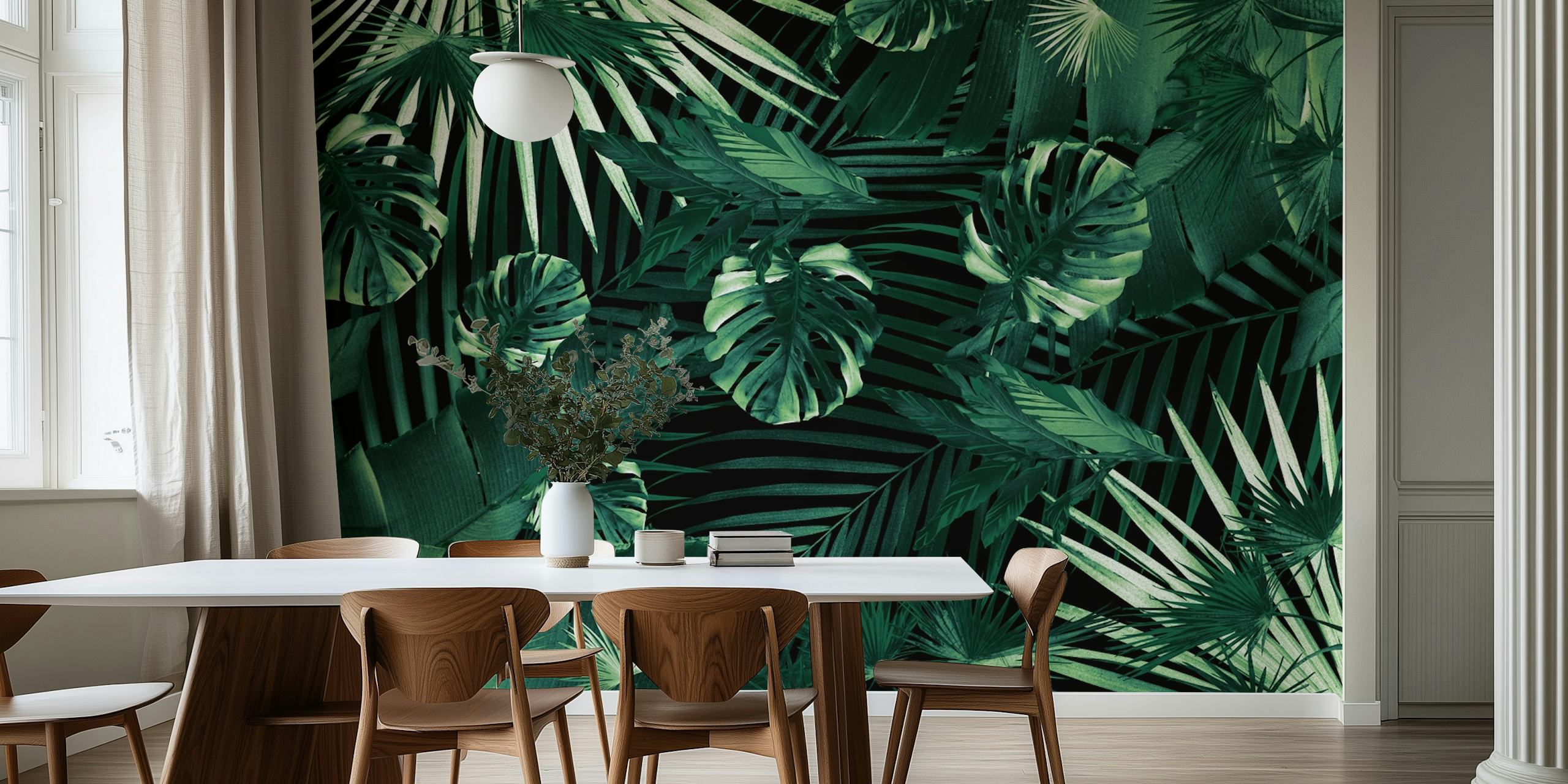 Tropical green palm leaves on black background wallpaper