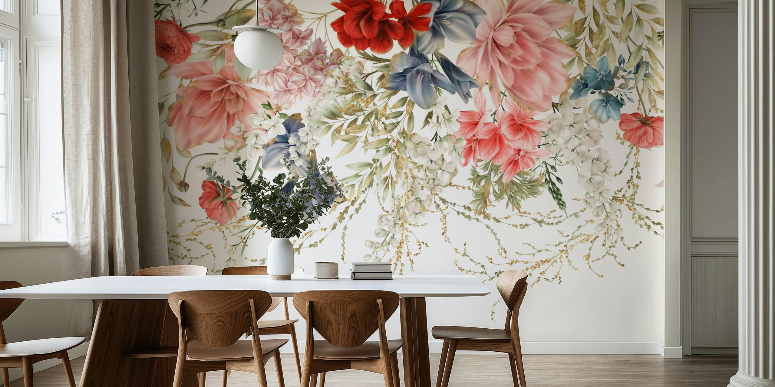 Colorful flowers in shades of pink, red, blue, and white wallpaper