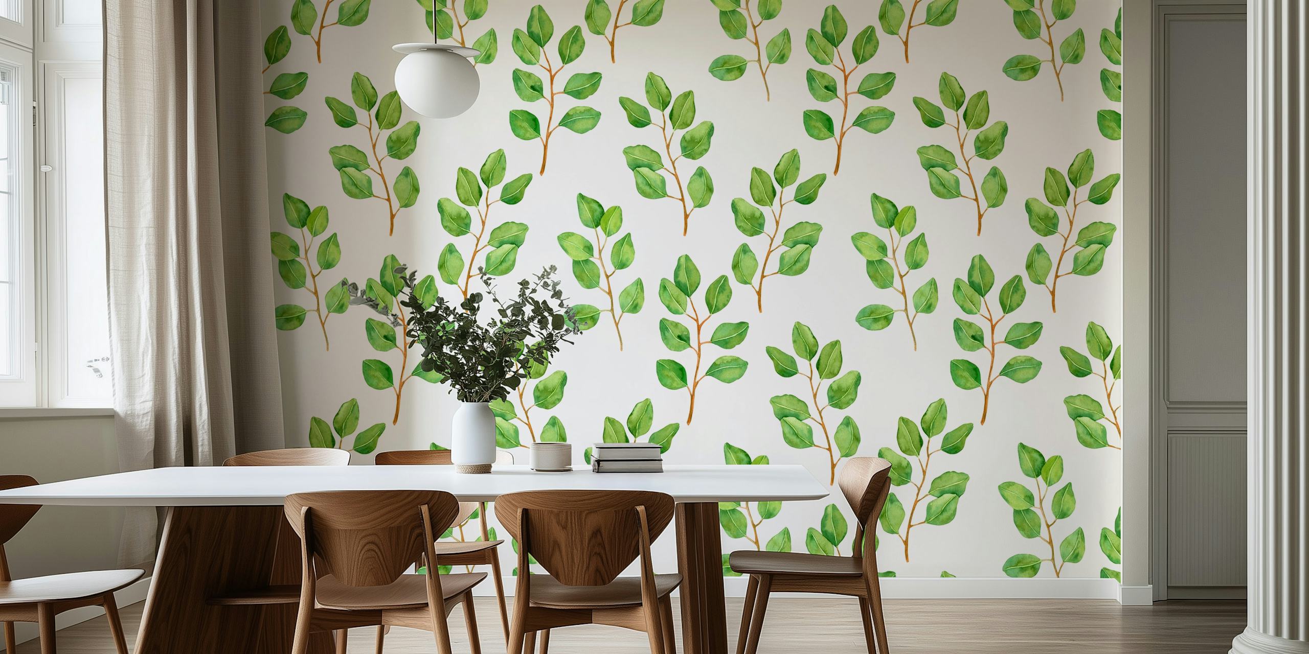 Eucalyptus leaves with green hues on white background wallpaper