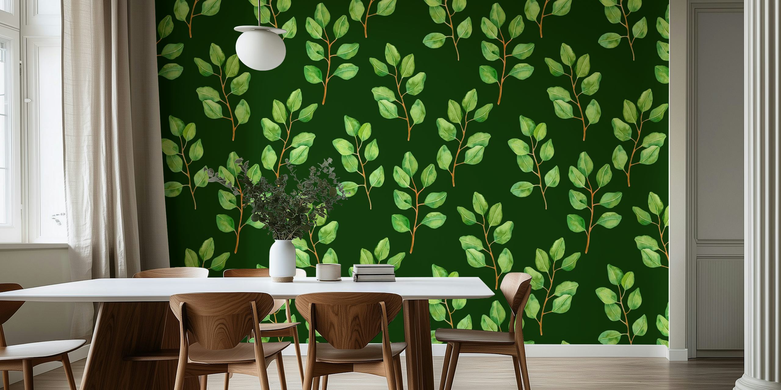 Eucalyptus watercolor wallpaper in a room setting