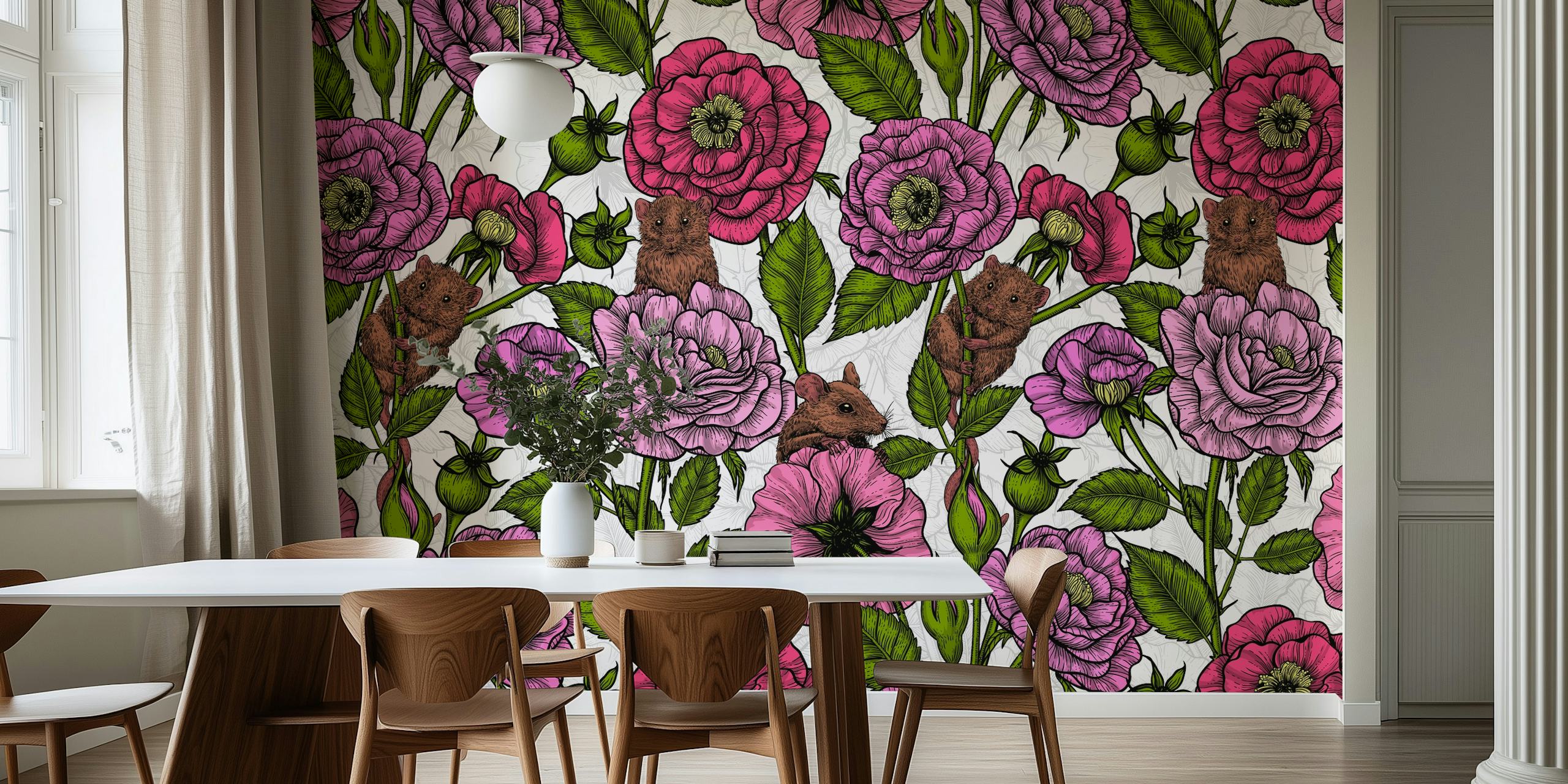 Mice and large pink flowers on white background wallpaper
