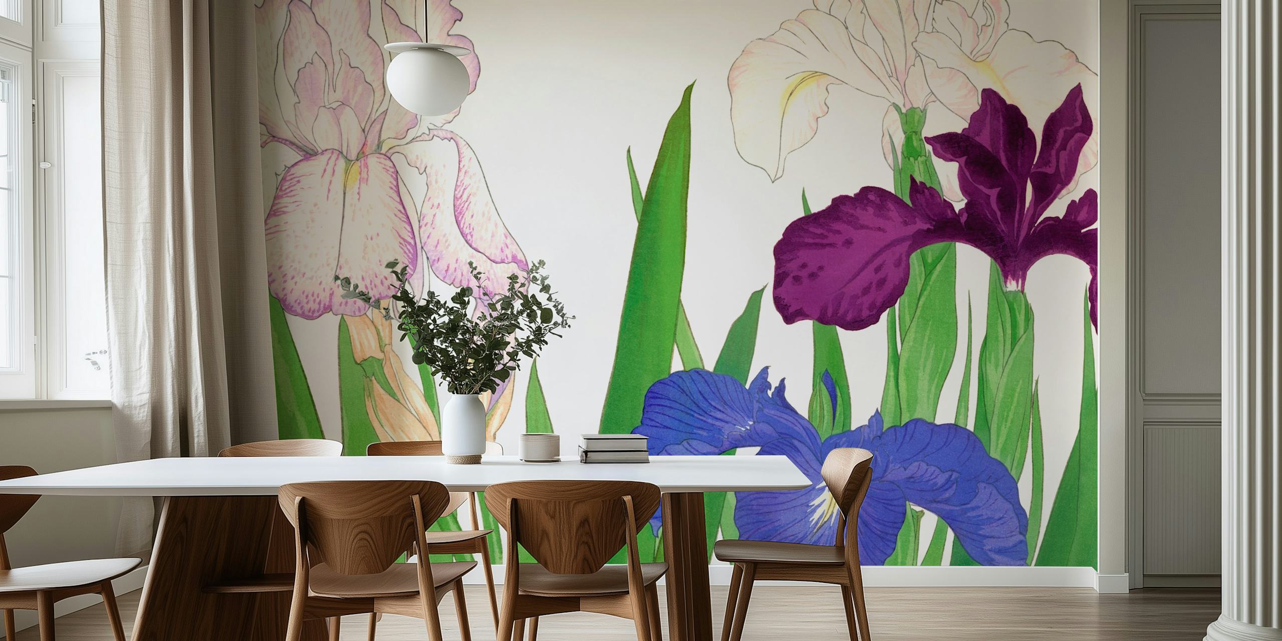 Japanese floral wallpaper with purple and blue irises, green leaves, botanical style