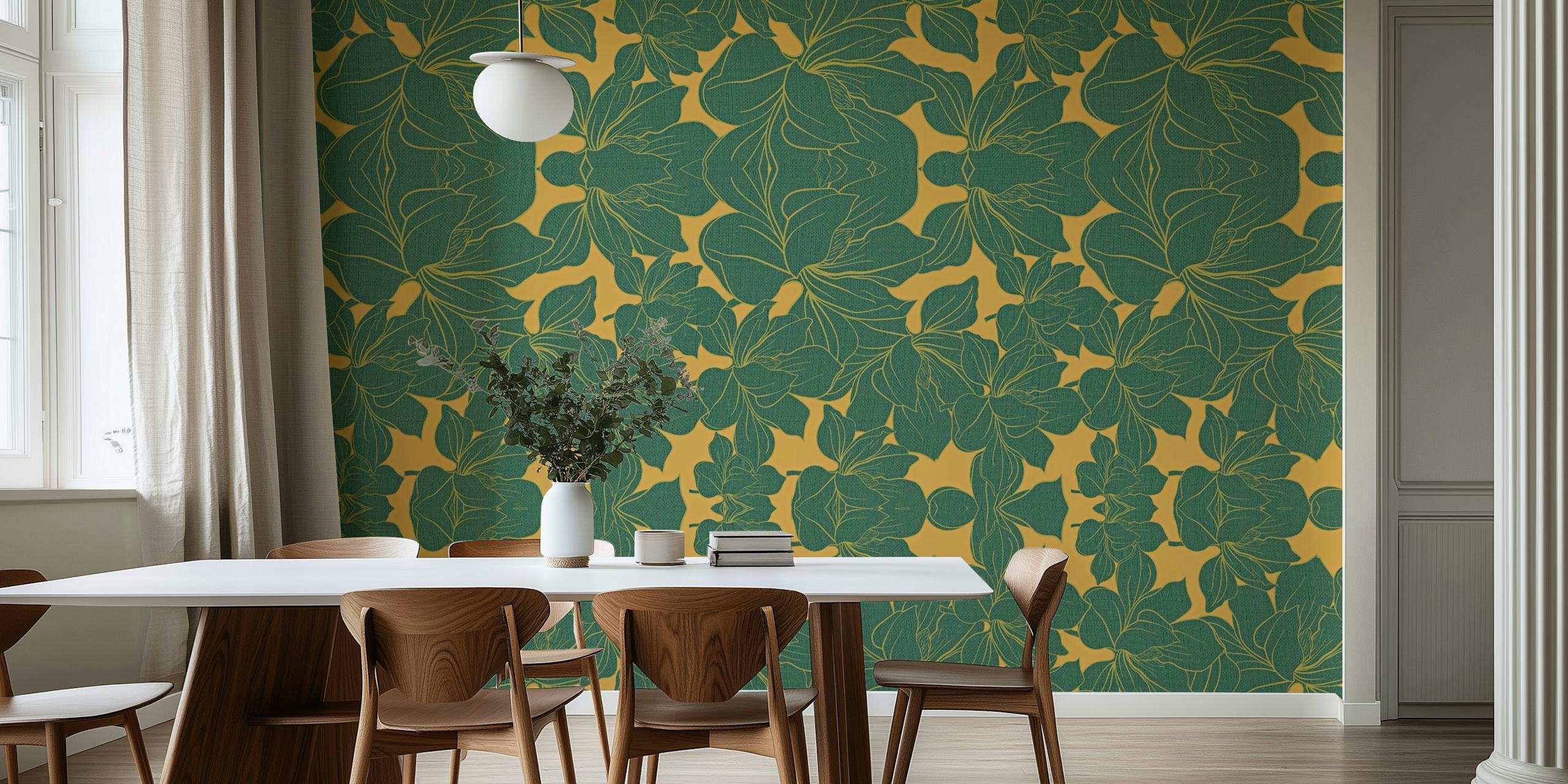 Green floral wallpaper with gold background