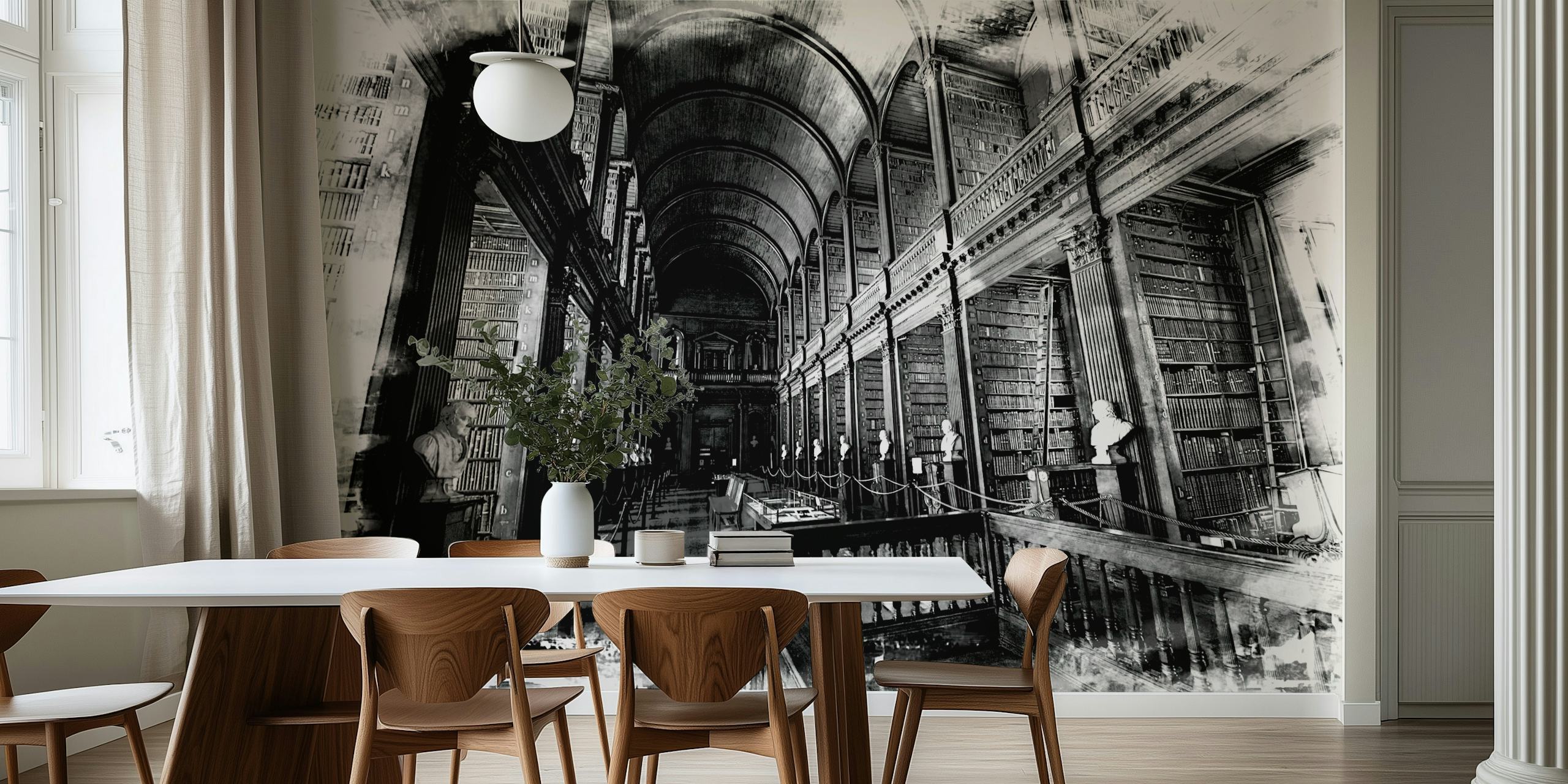 Black and white library interior with shelves and sculptures wallpaper
