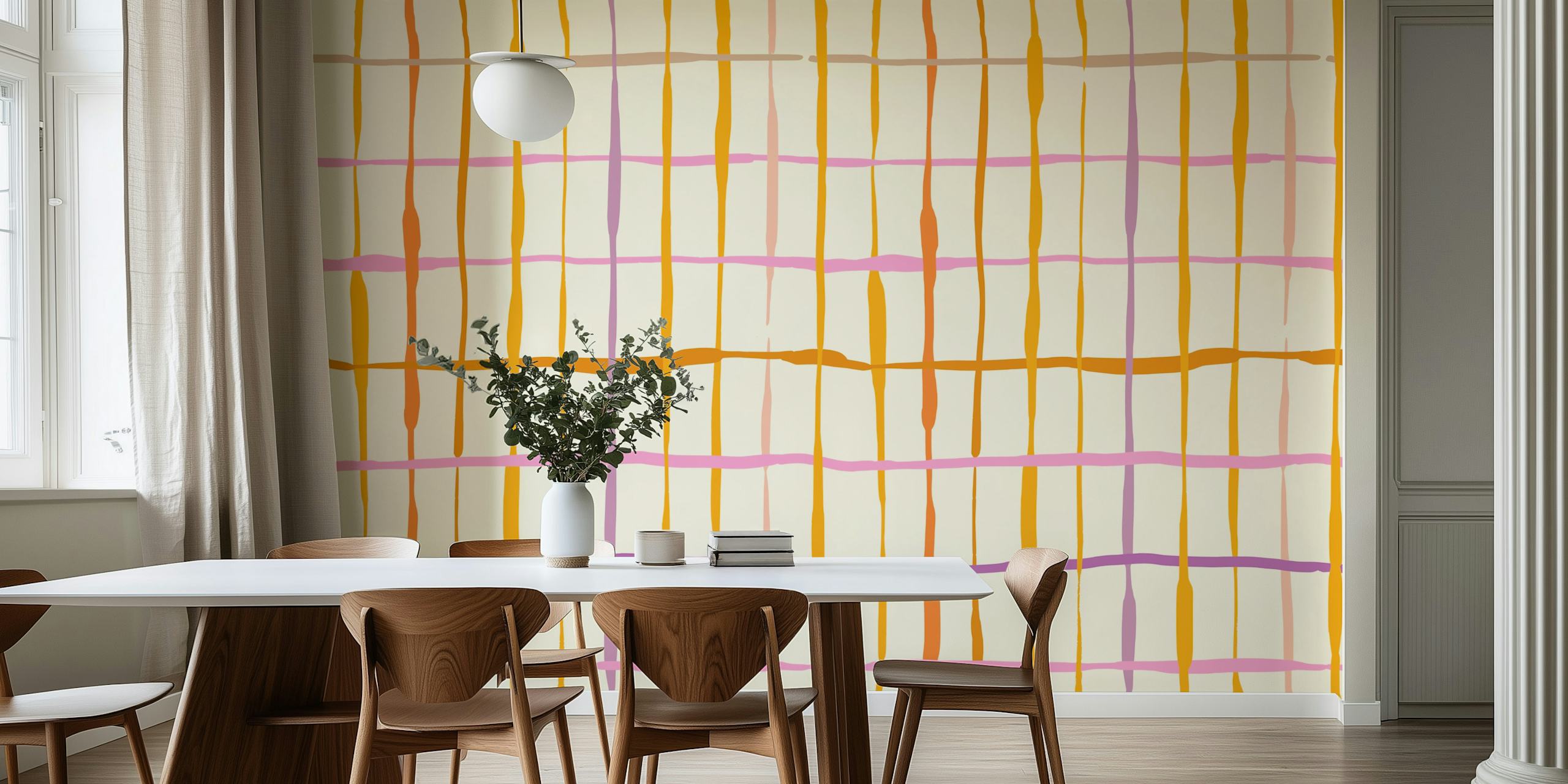 Zomerstrepen in oranje, roze en paars op crème achtergrond wallpaper