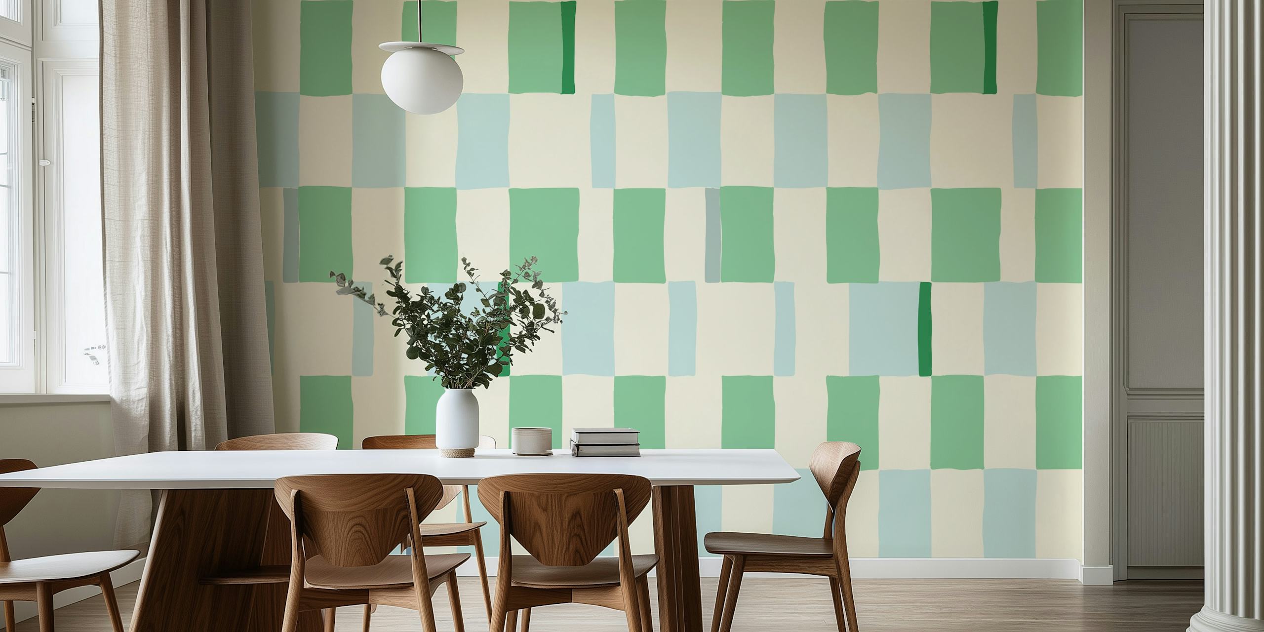 Summer check handdrawn mint wallpaper in a room