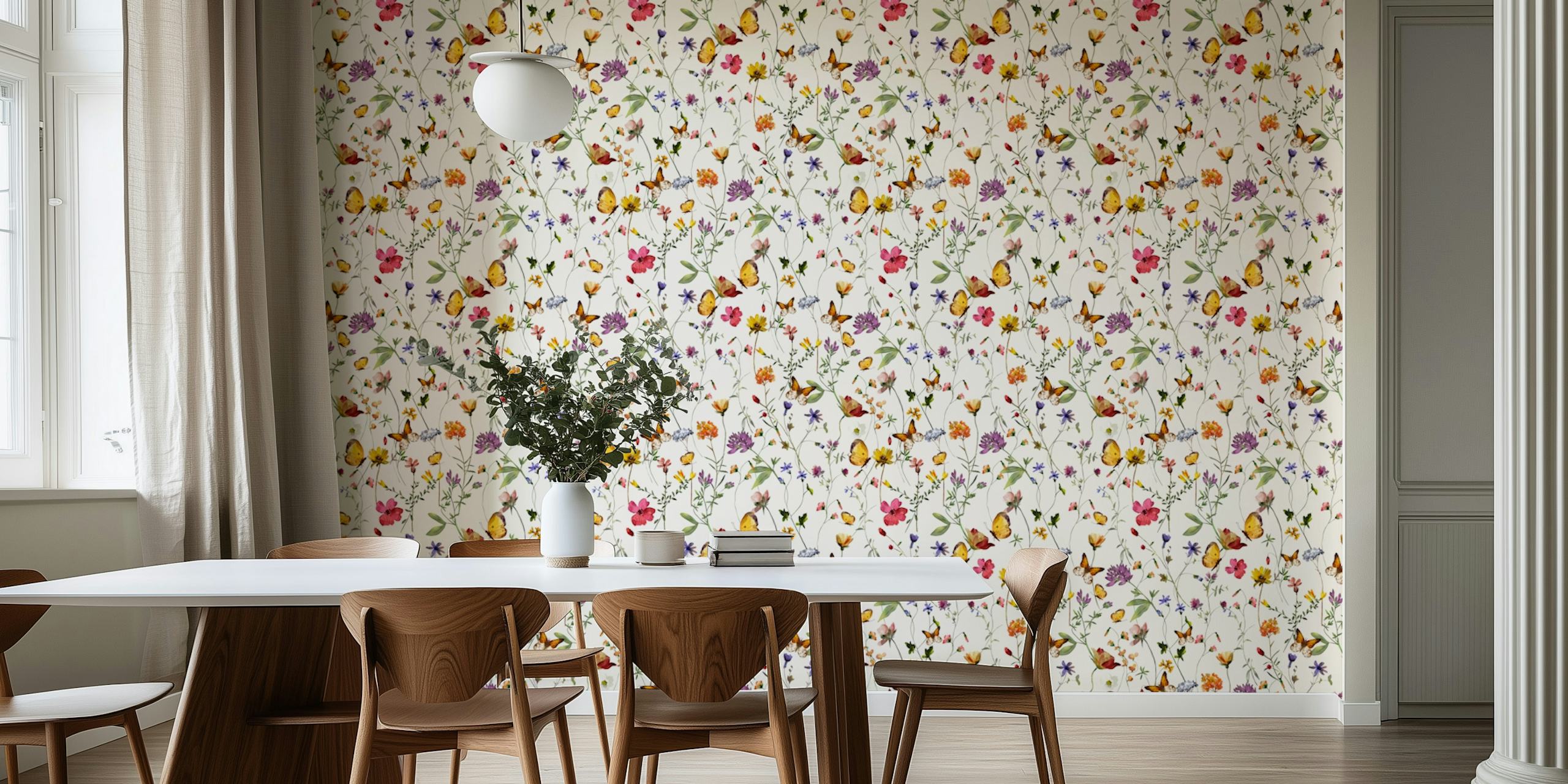 Colorful wildflowers and butterflies on white background wallpaper