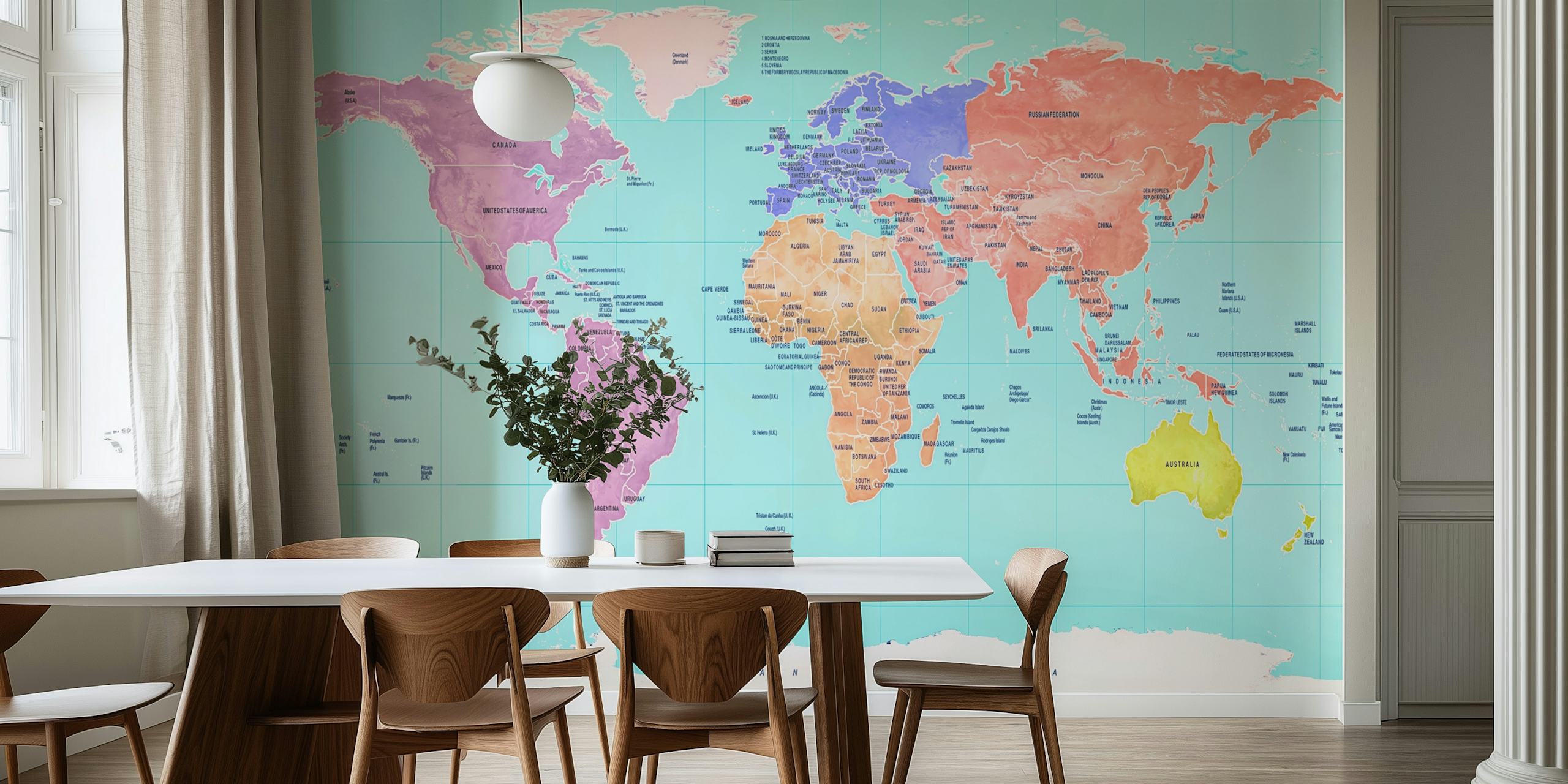 Colorful world map wallpaper with vibrant continents and oceans