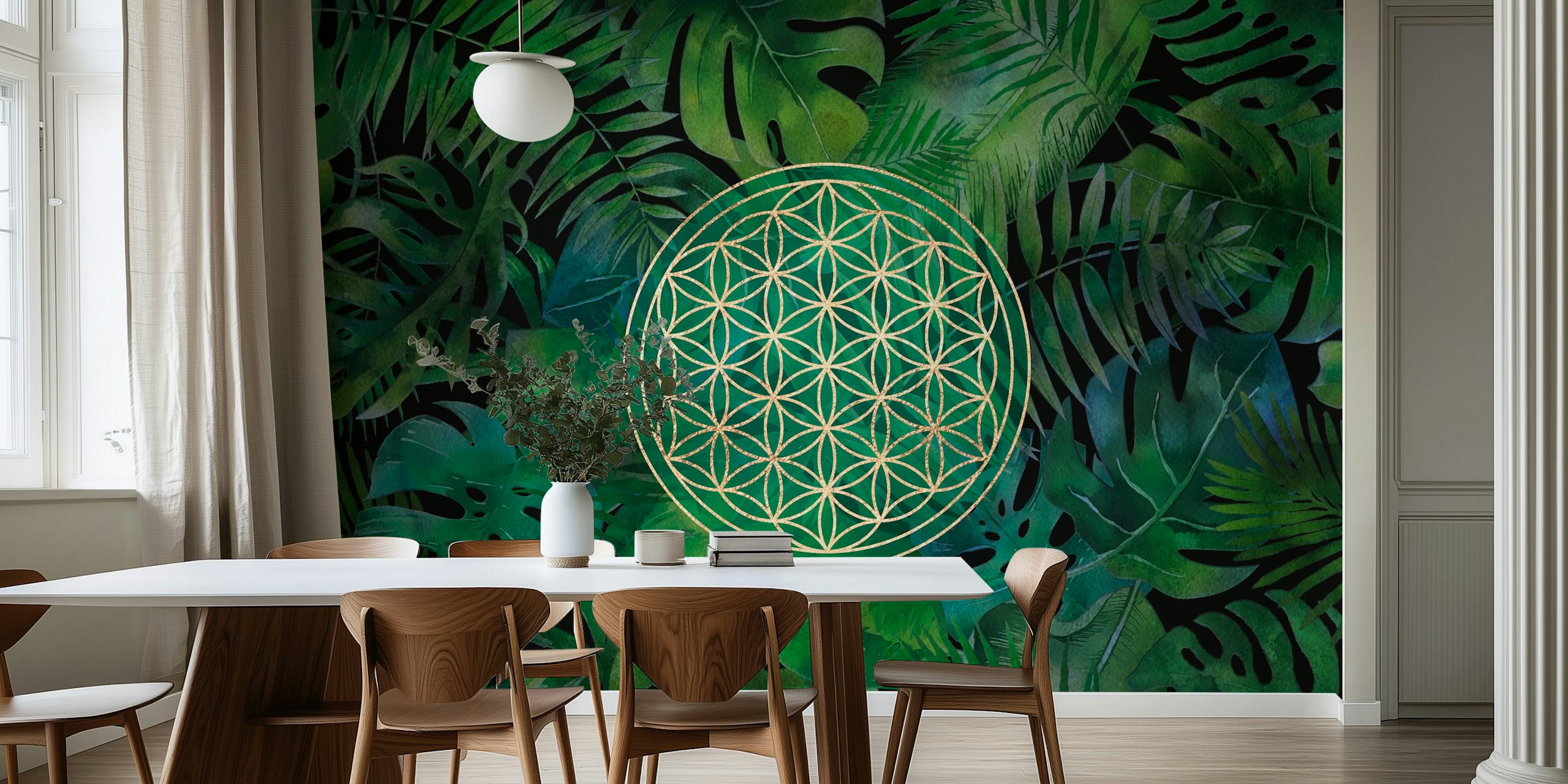 Tropical leaves with gold Flower of Life pattern wallpaper