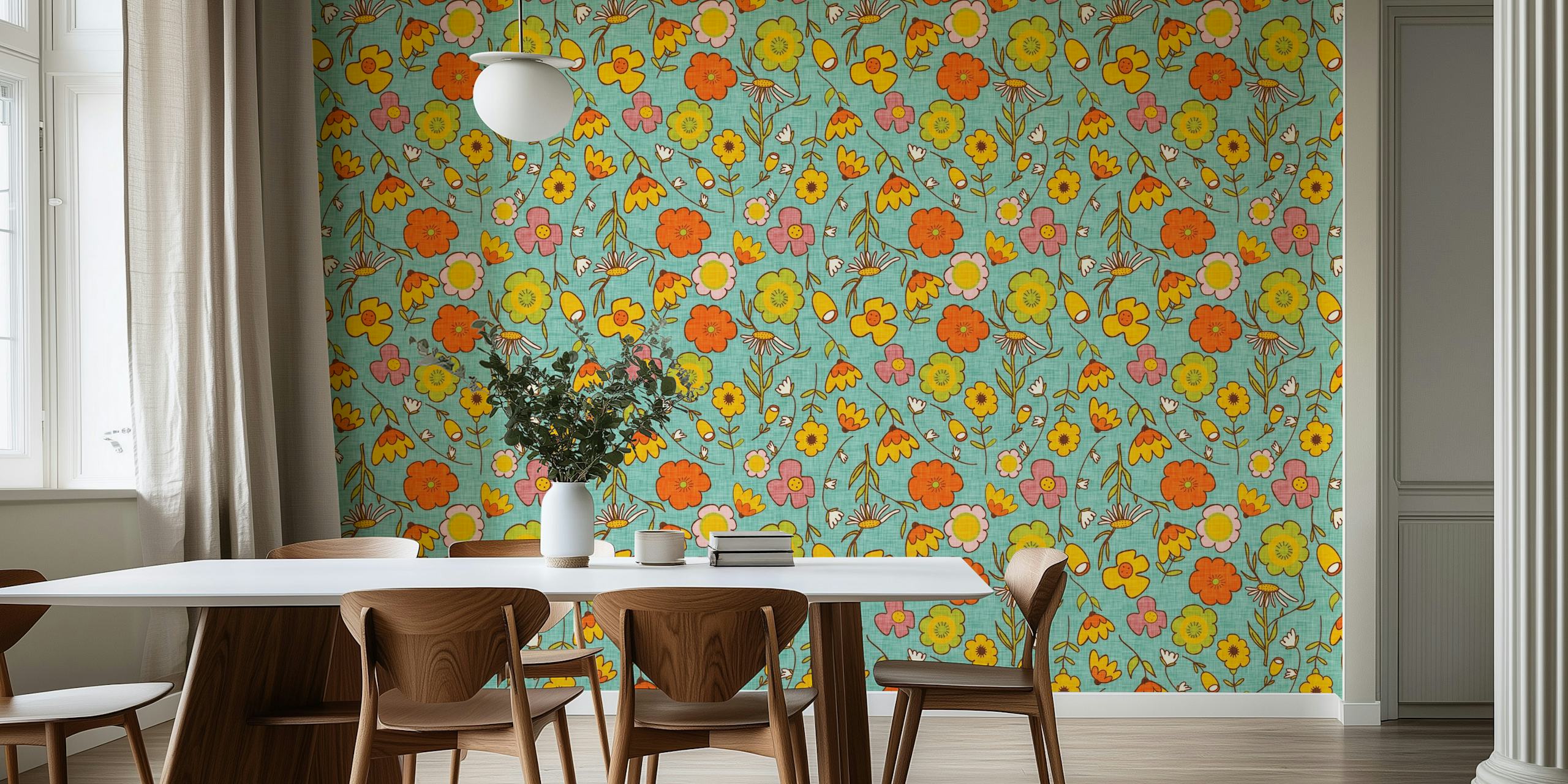 Colorful floral bouquet with orange, yellow, and pink flowers on a blue background wallpaper