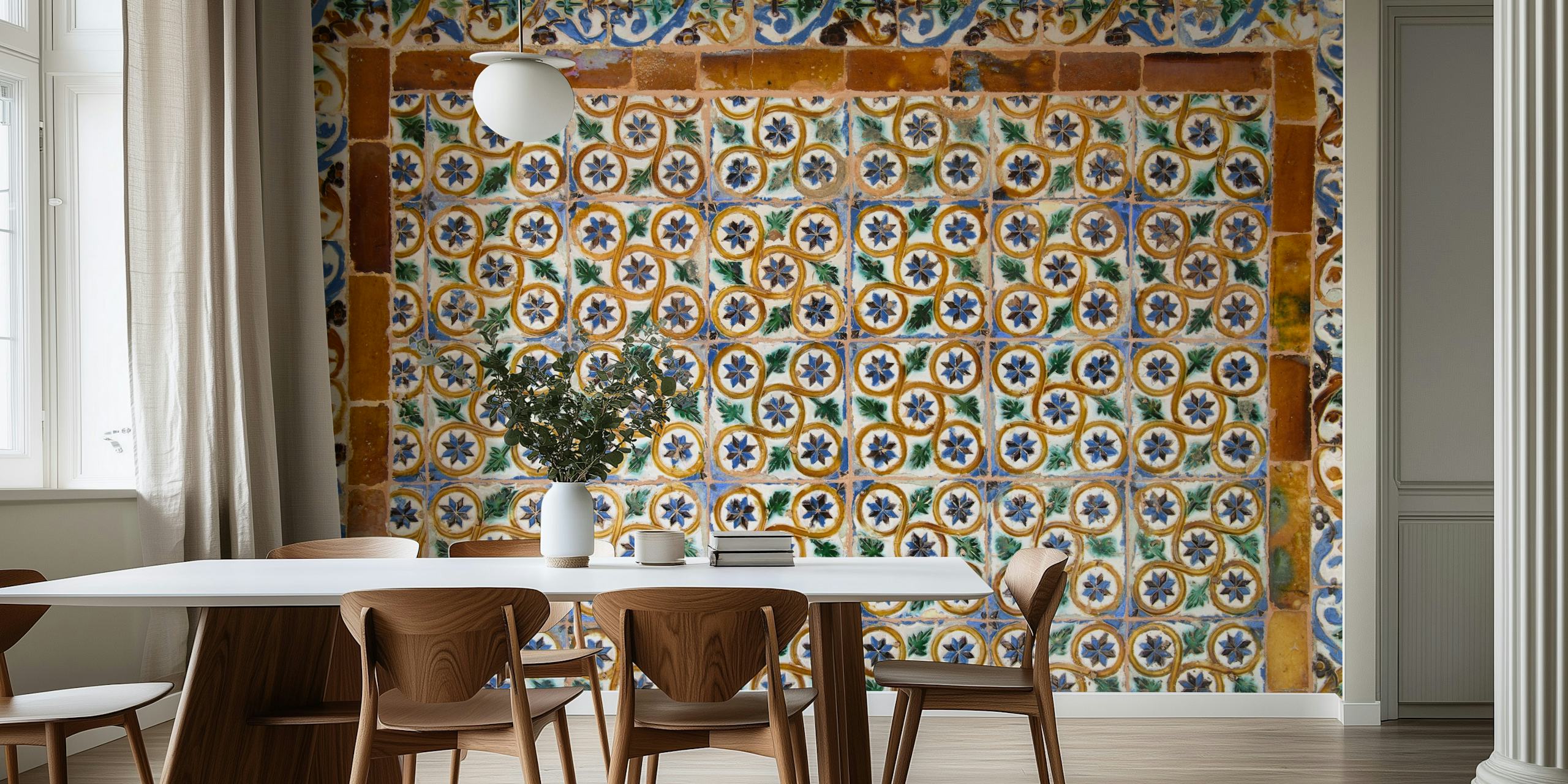 Colorful circle tile pattern in green, blue, and gold wallpaper