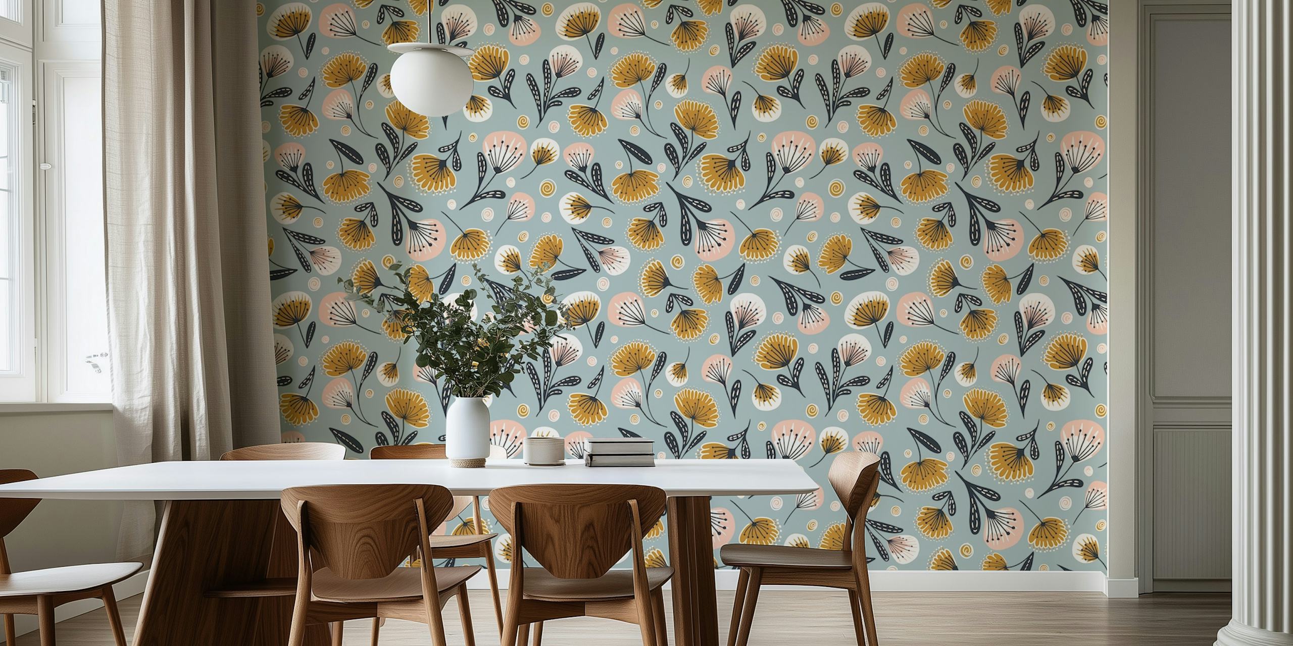 Blue wallpaper with vibrant floral patterns in pink and gold