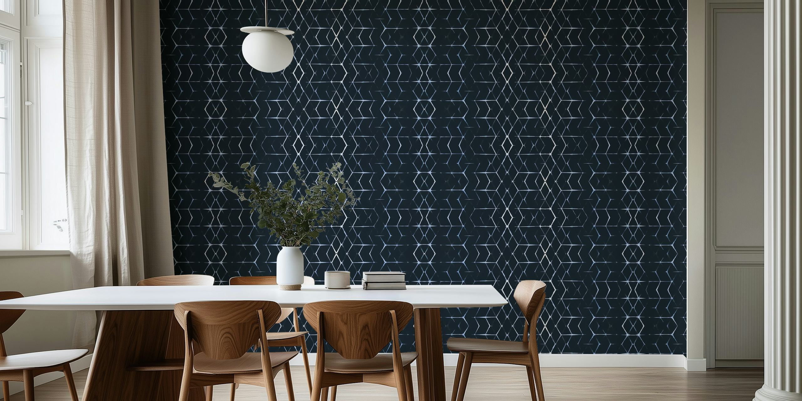 Geometric pattern with indigo background and white lines wallpaper
