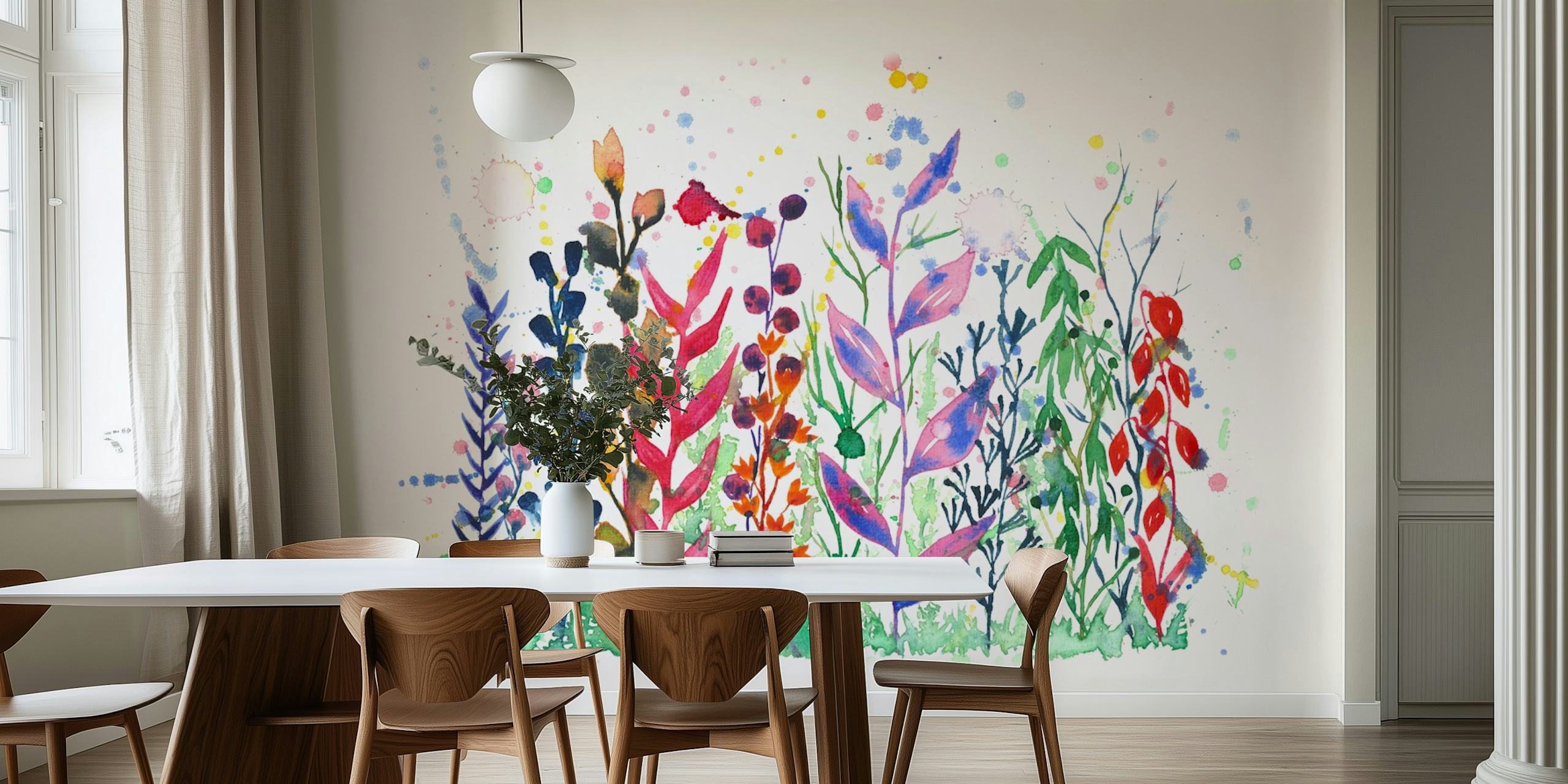 Colorful watercolor garden wallpaper in a room