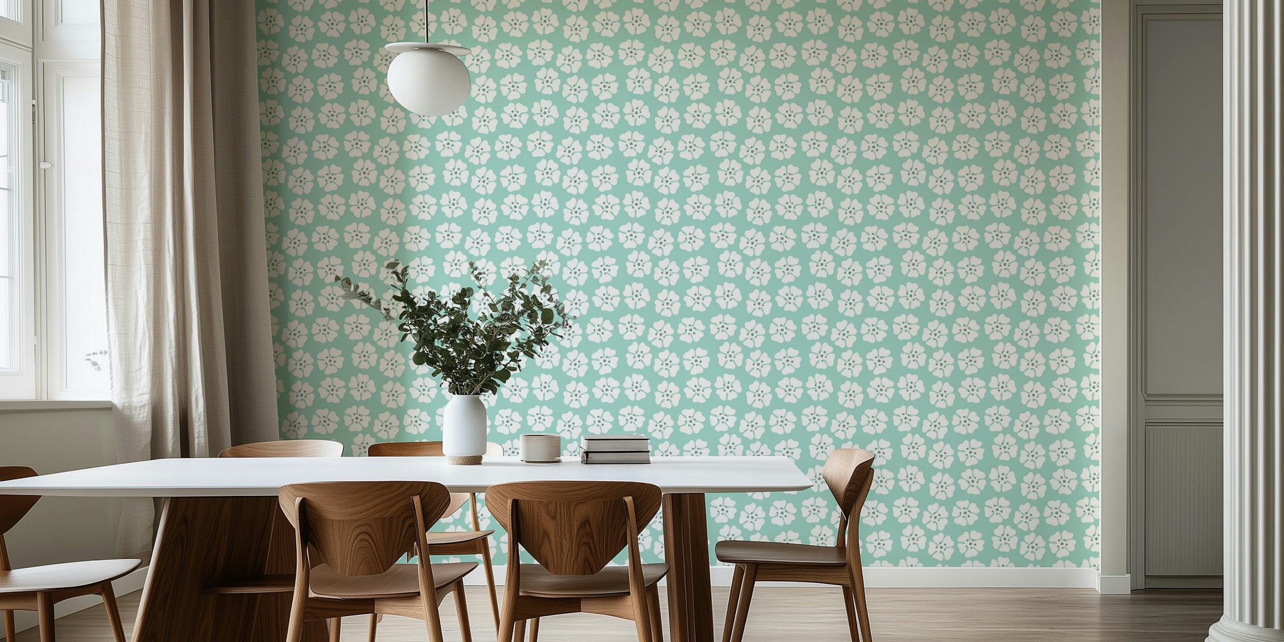 Minty floral wallpaper pattern displayed in a room