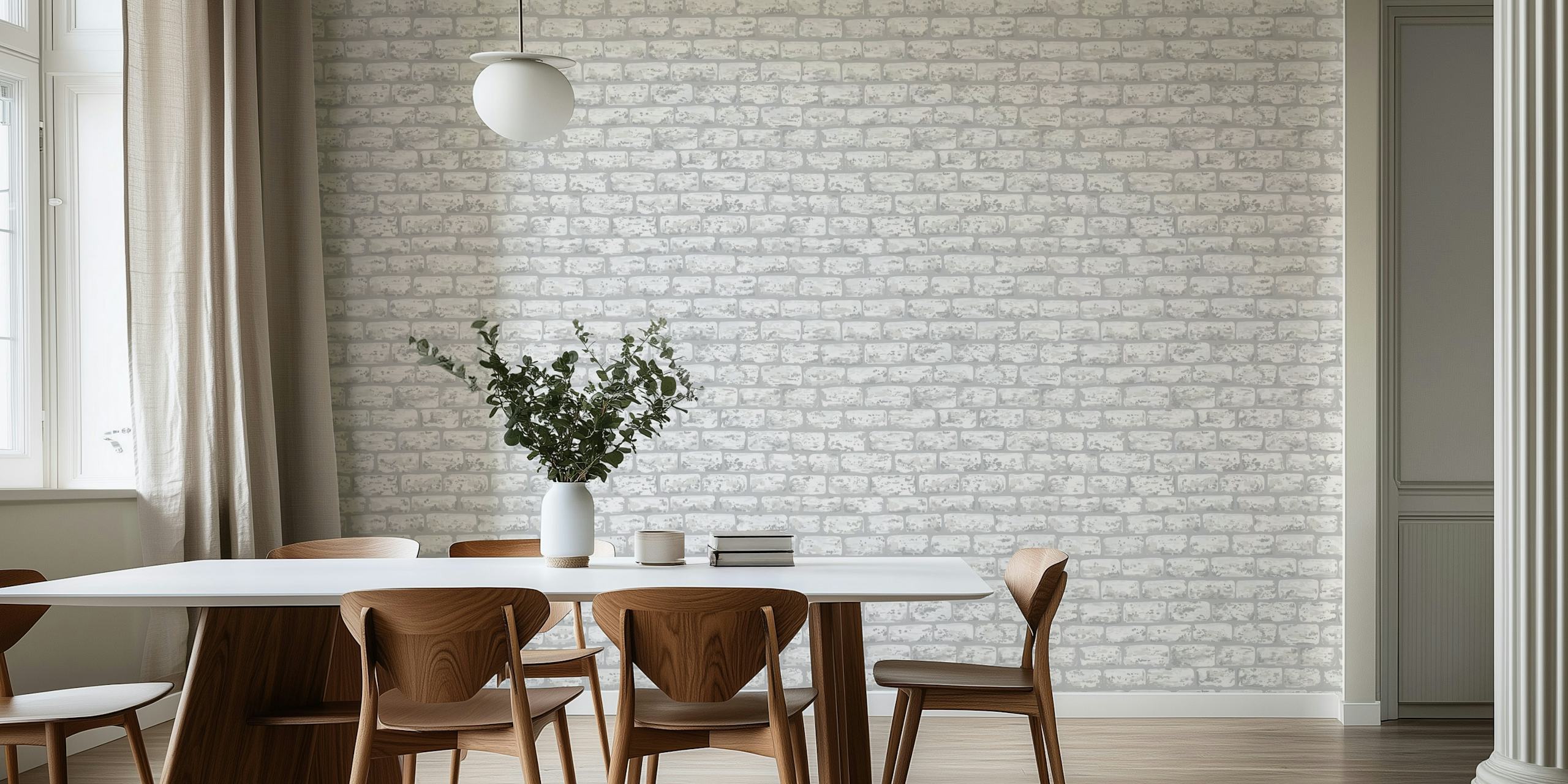 White brick wall pattern wallpaper in a light gray tone with realistic texture