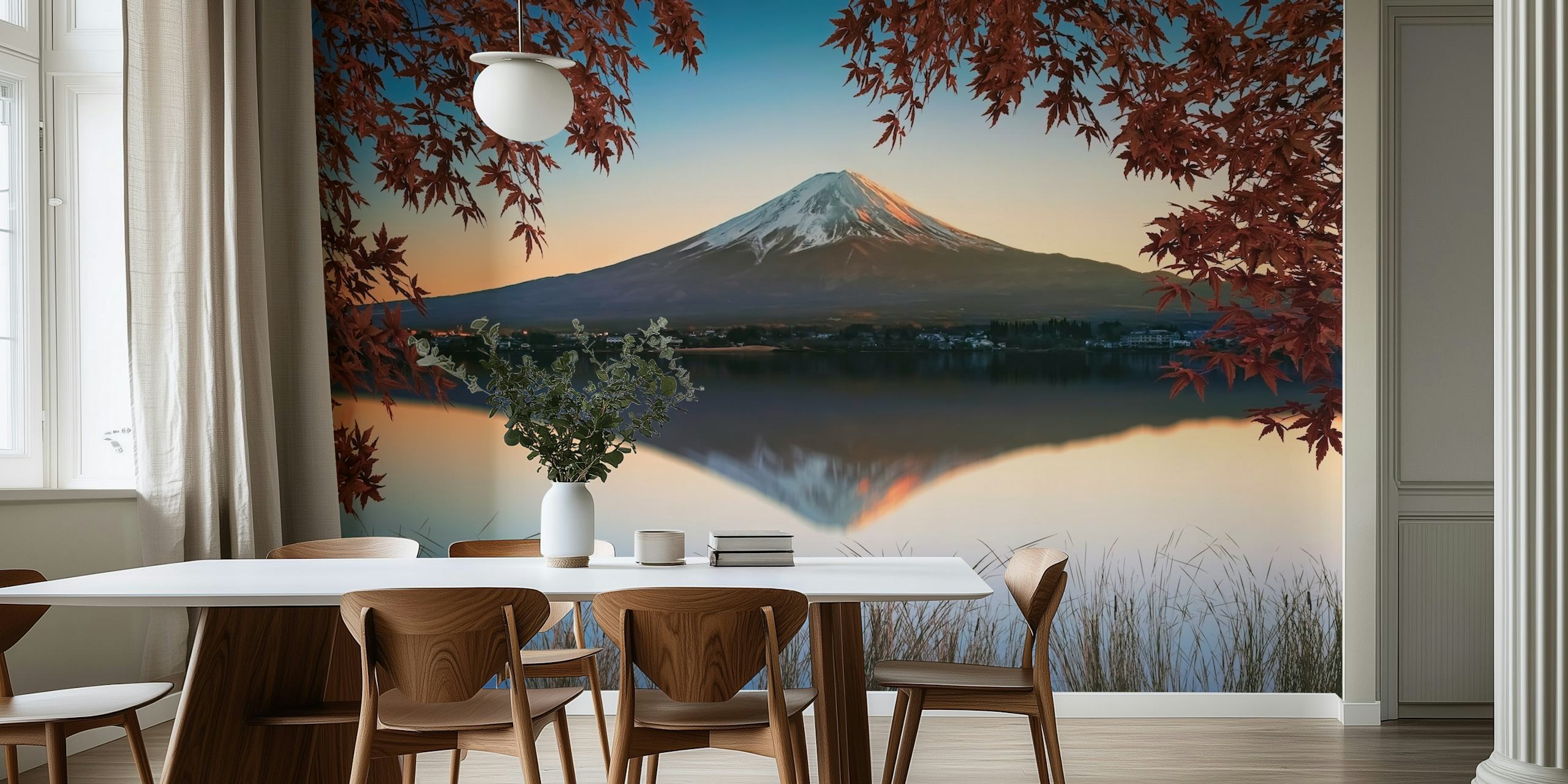 Odbicie góry Fuji nad jeziorem Kawaguchi z jesiennymi liśćmi