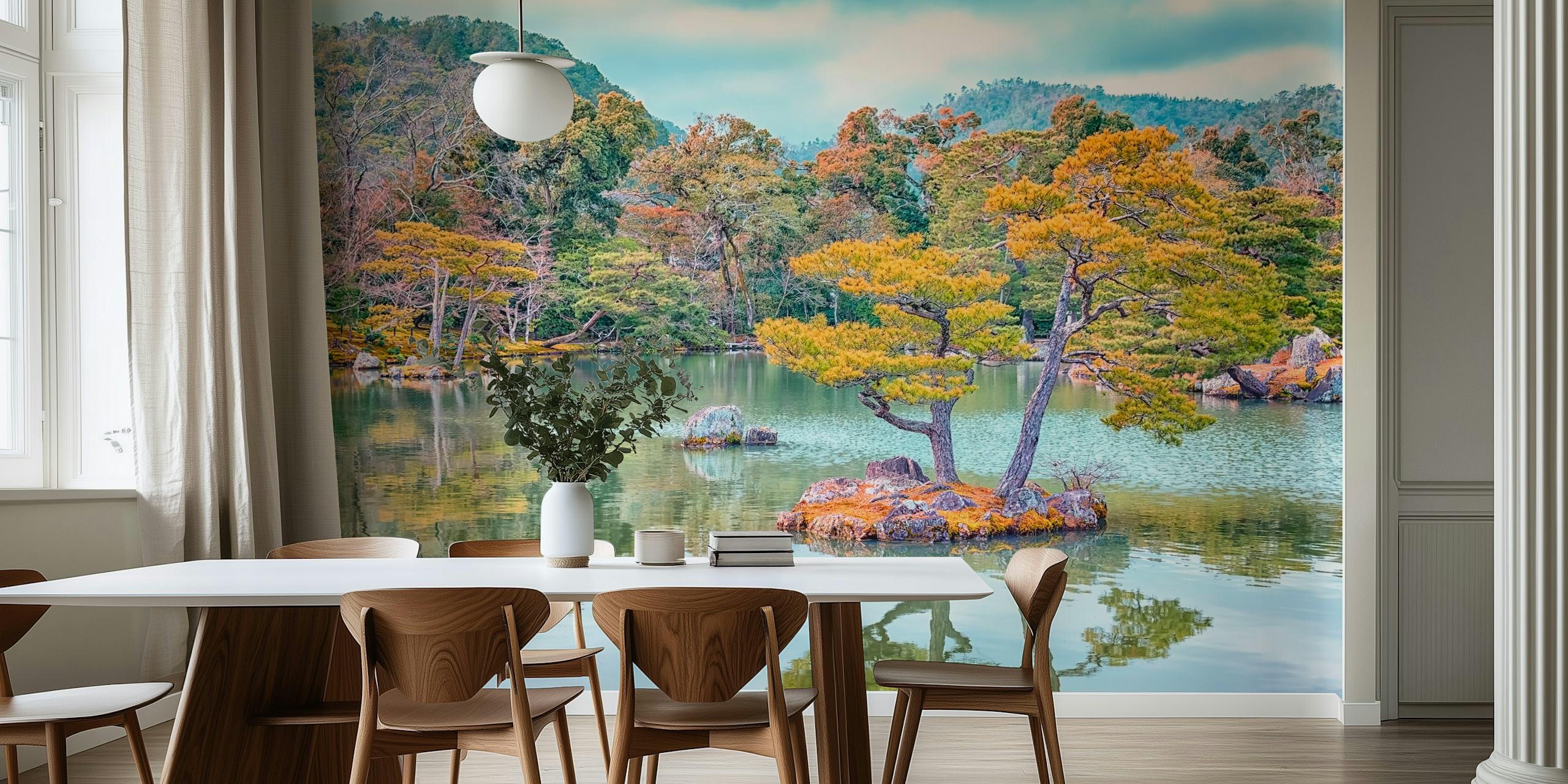 Japanese garden scene with island trees and calm water wallpaper