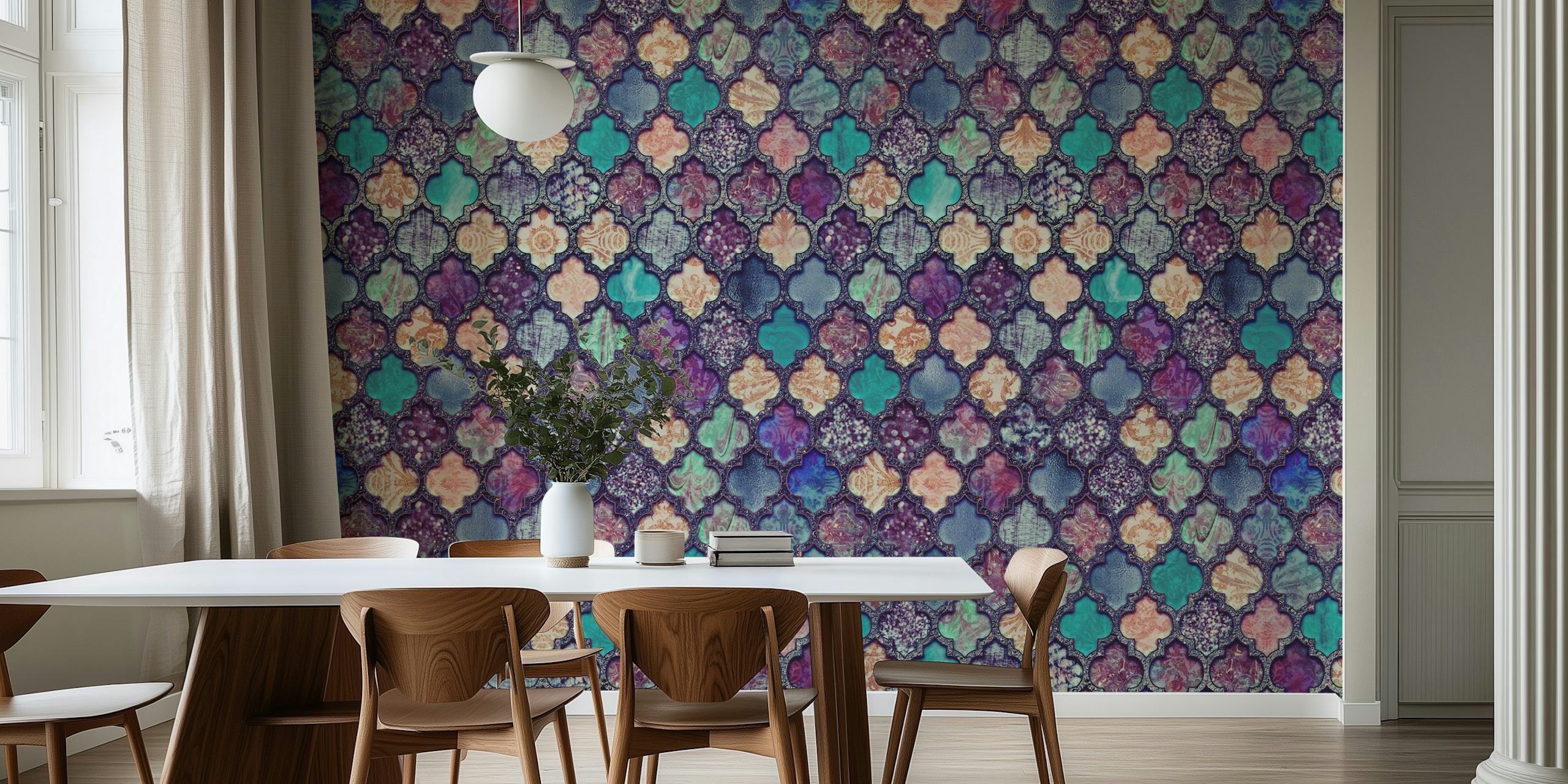 Moroccan Tiles Teal Purple wallpaper in a room