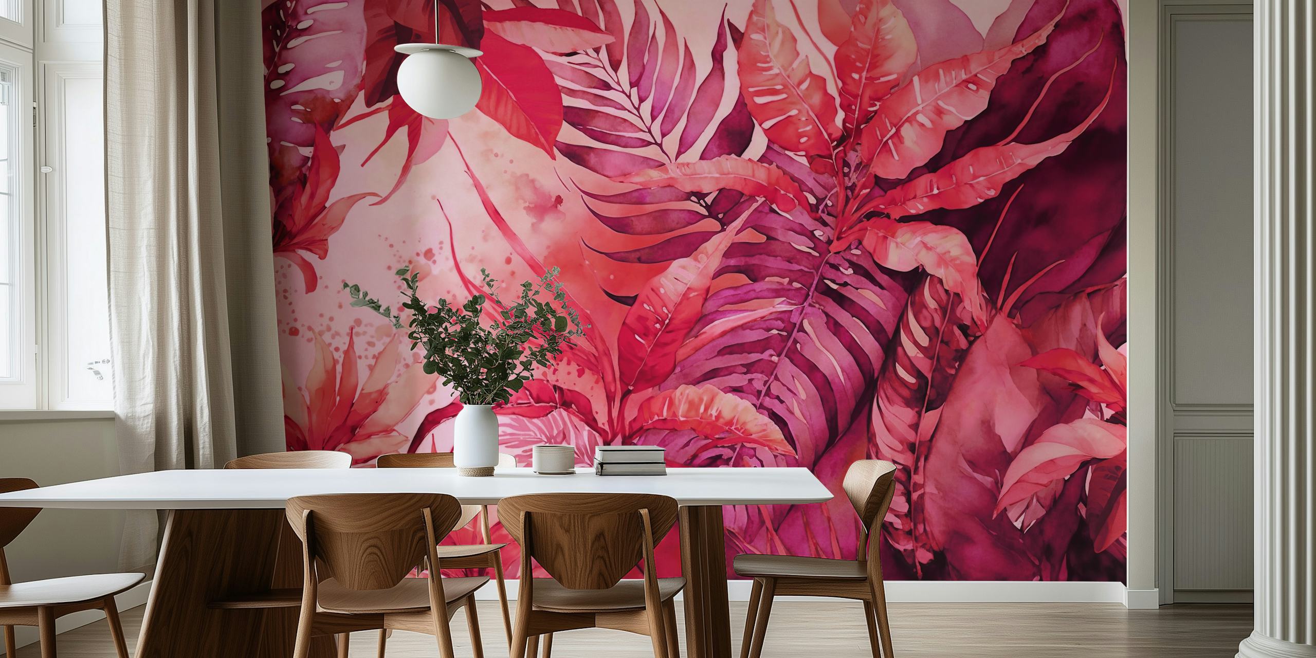 Tropical foliage in vibrant pinks and reds wallpaper