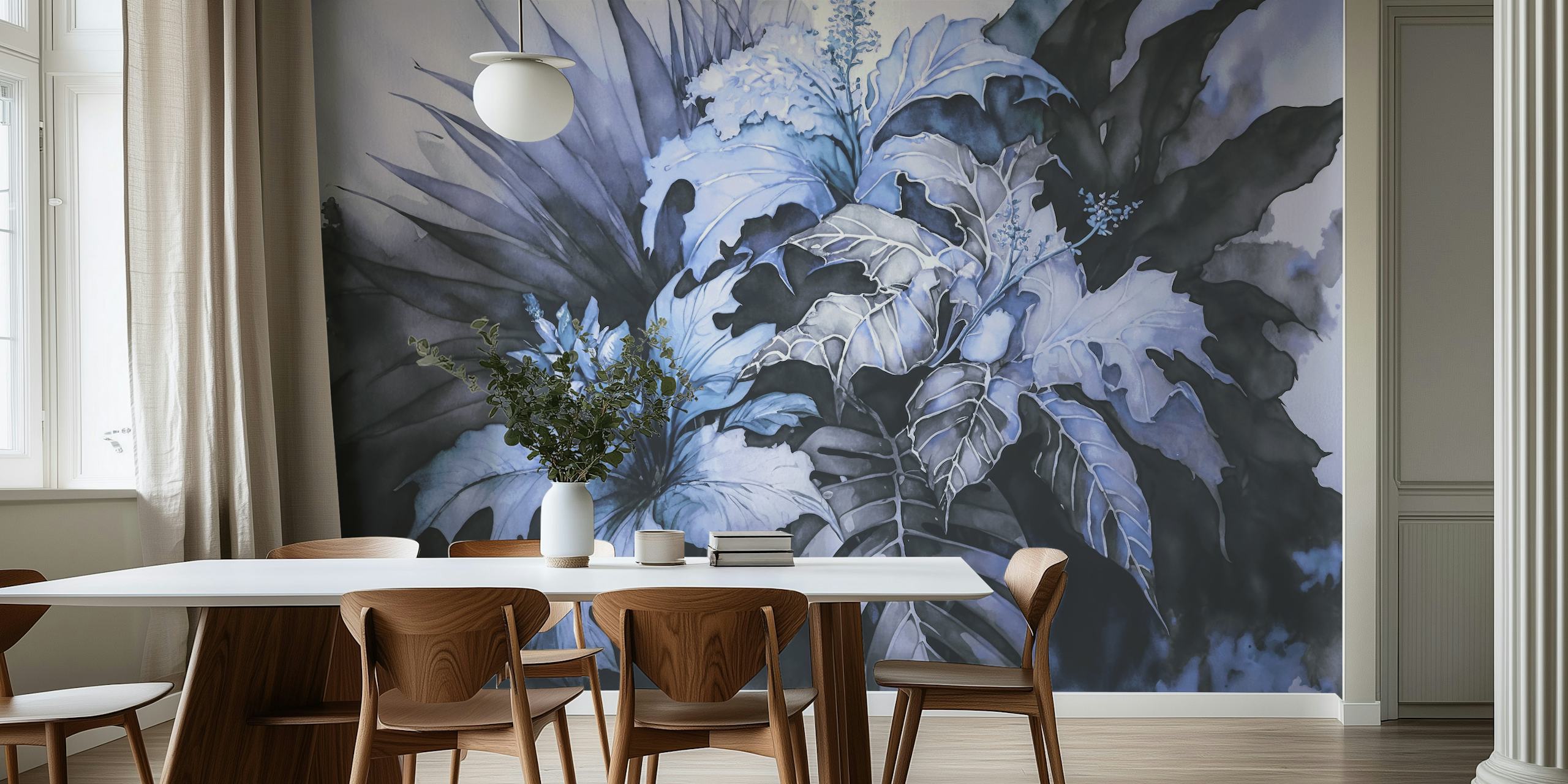 Un impresionante mural de pared de Blue Midnight Jungle con patrones de follaje azul oscuro