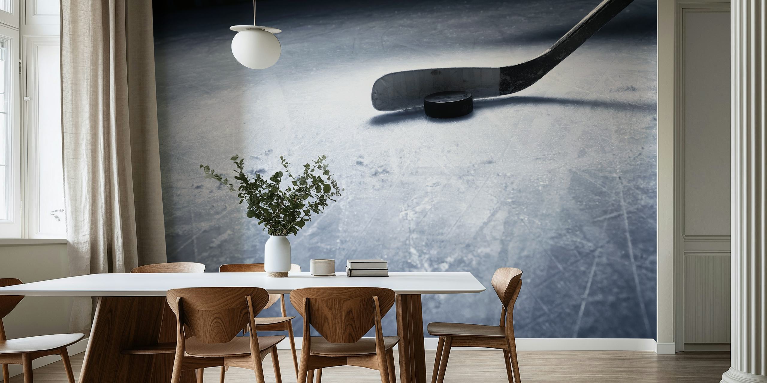 Hockey stick and puck on icy surface wallpaper
