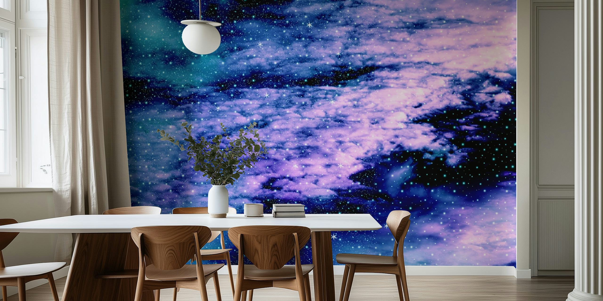 Starry galaxy nebula in purple and teal wallpaper