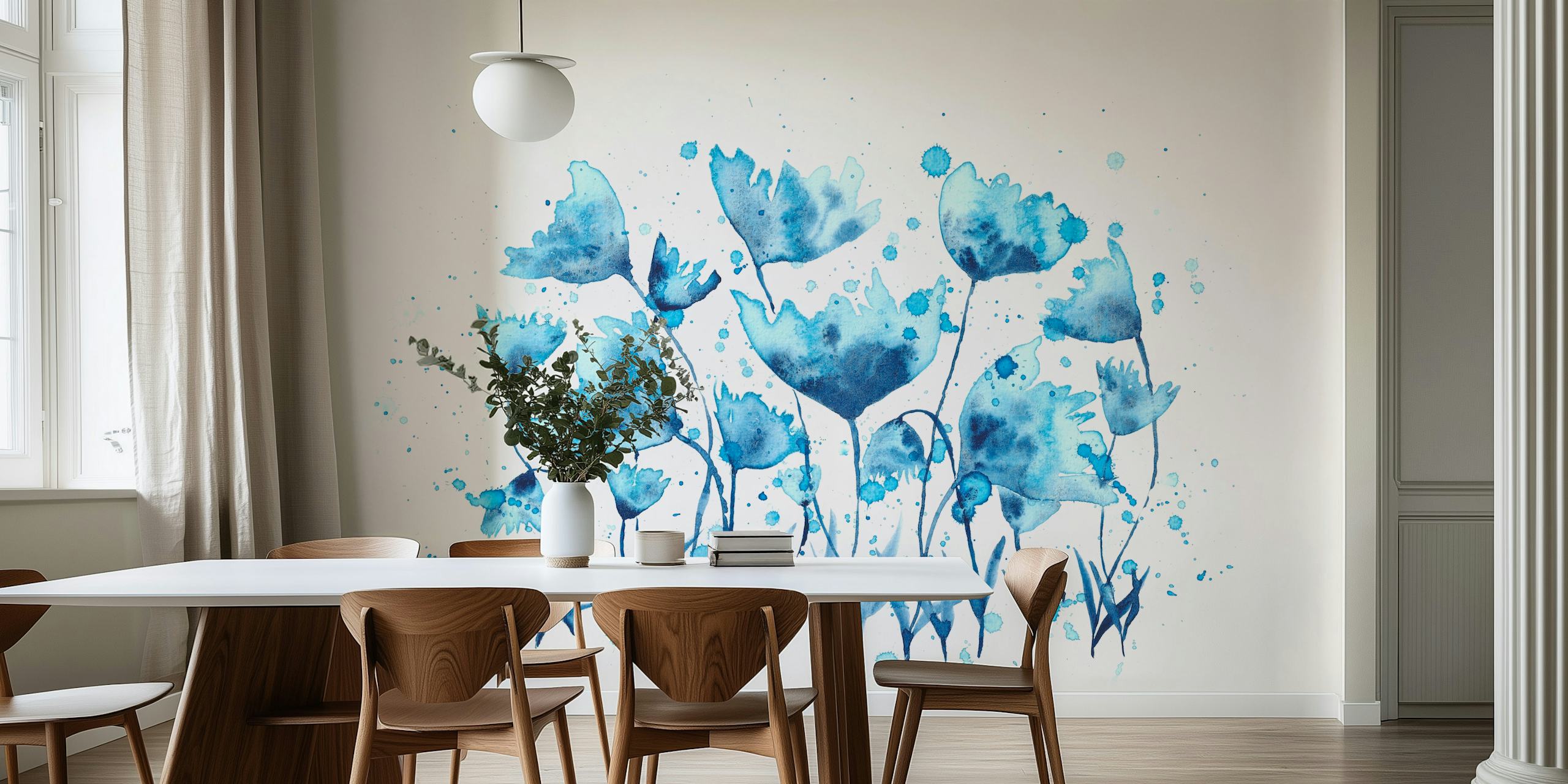 Carta da parati con disegno floreale ad acquerello blu raffigurante una serena scena di giardino