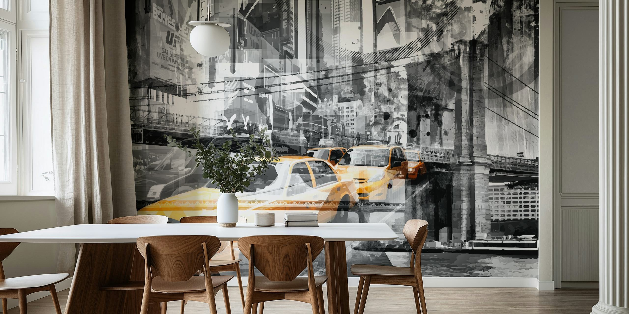 Zwart wit New York stadslandschap met gele taxi's en abstracte elementen wallpaper