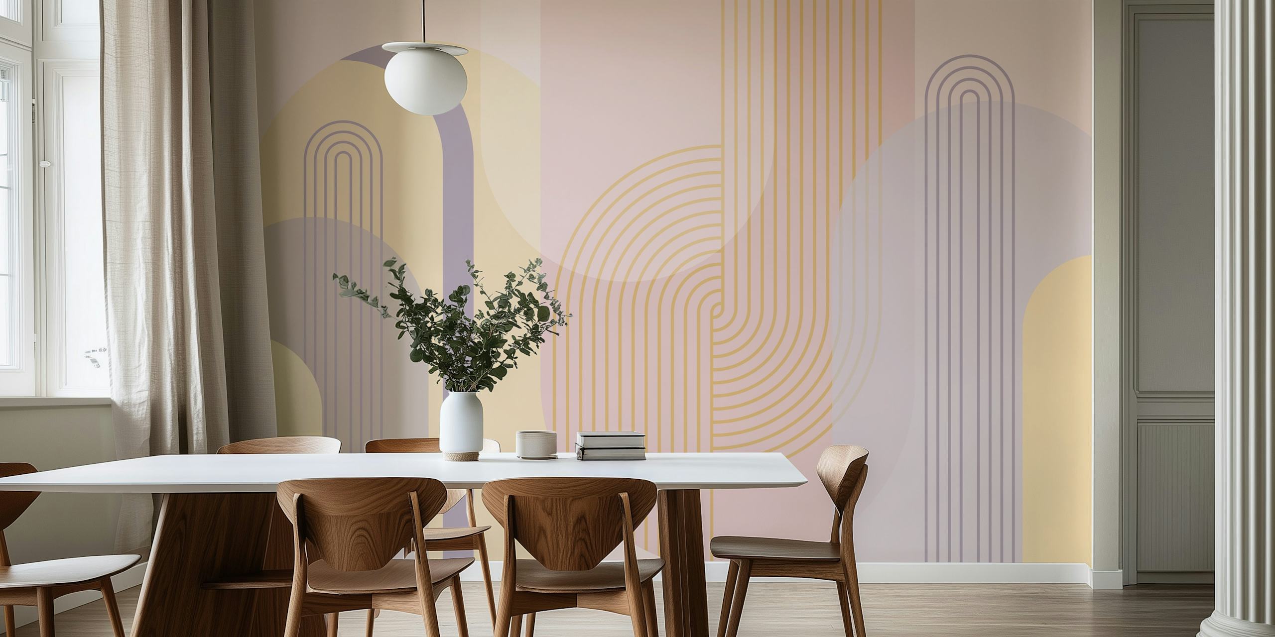 Abstract arches wall mural in pastel tones of blush, taupe, and cream