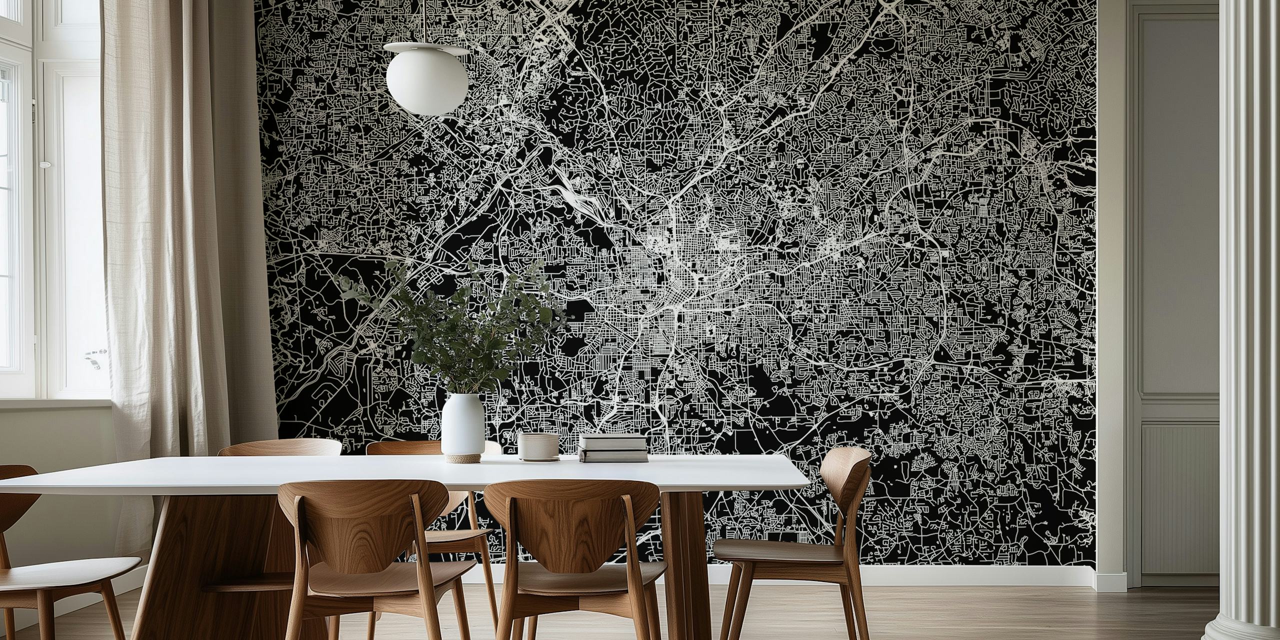 Stylish black and white map mural of Atlanta's city layout for modern interior decor.