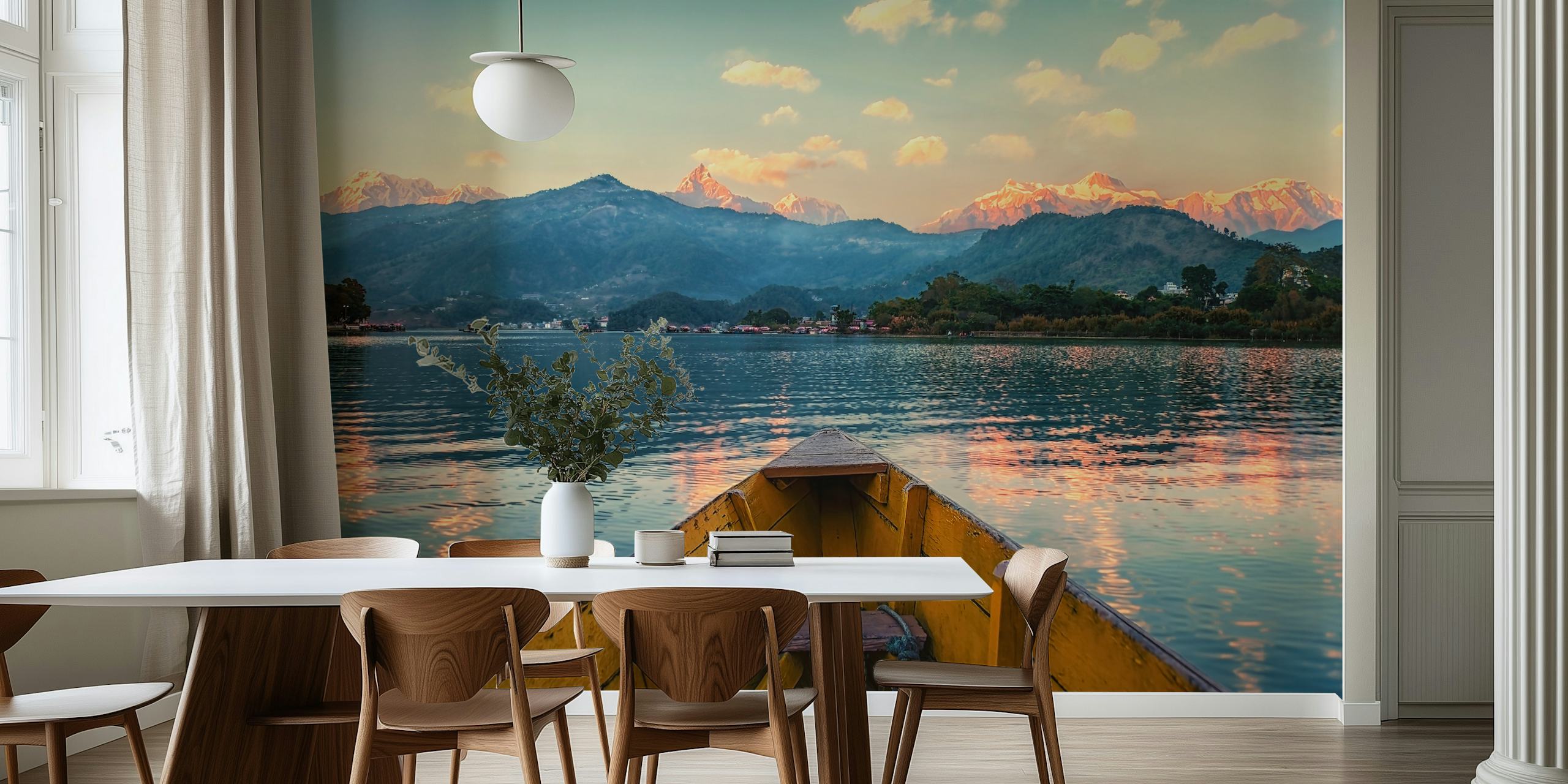 Serene mountain lake view with reflections and clouds wallpaper
