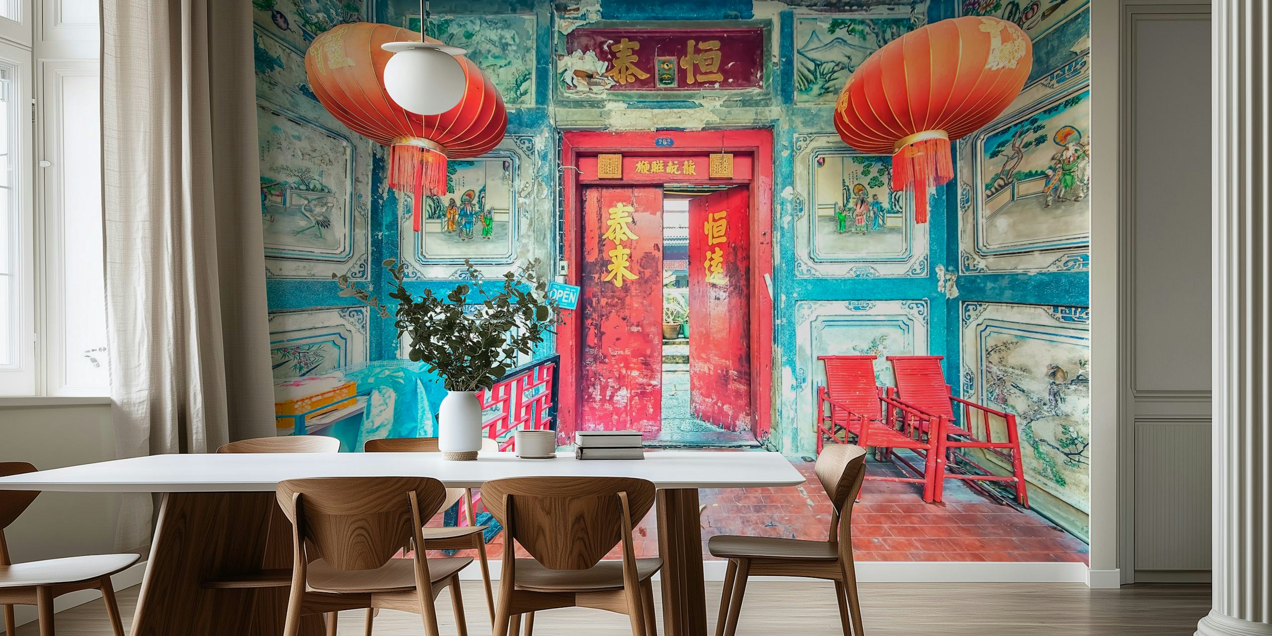 Colorful floral patterns in blue and red wallpaper