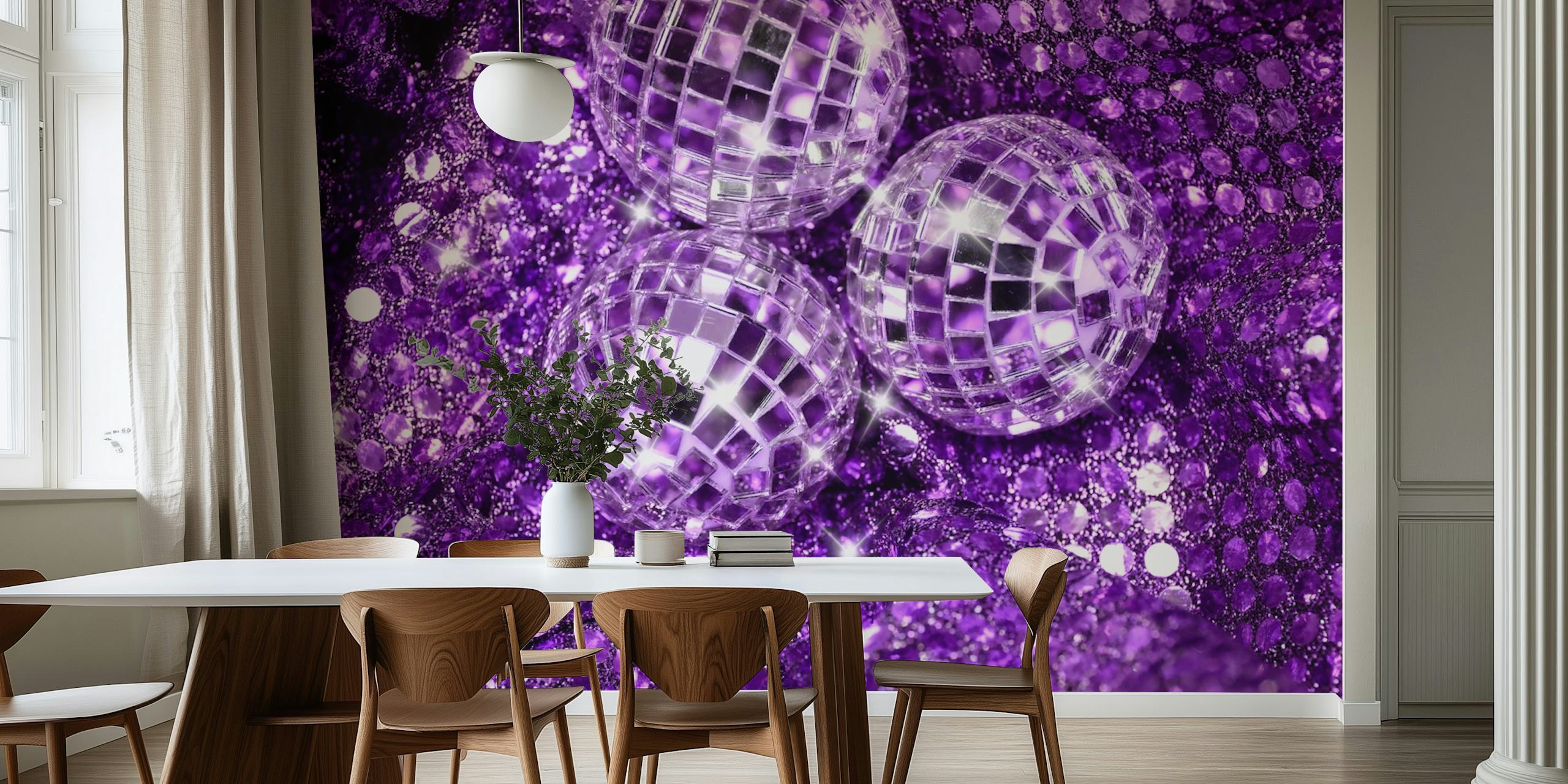 Disco balls and shiny purple sequins wallpaper