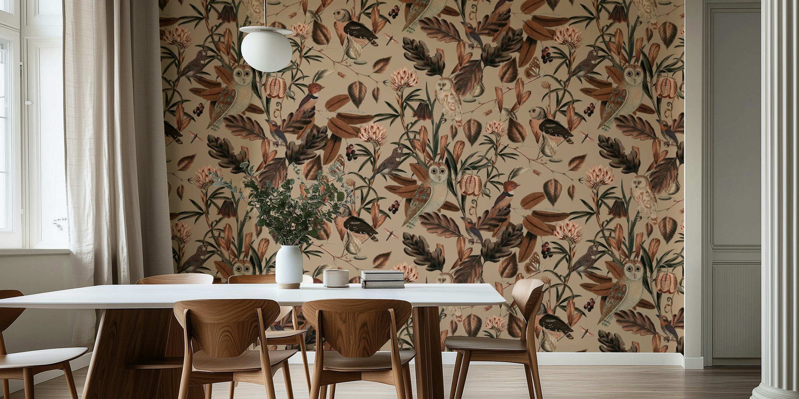 Owls and floral elements in muted colors wallpaper