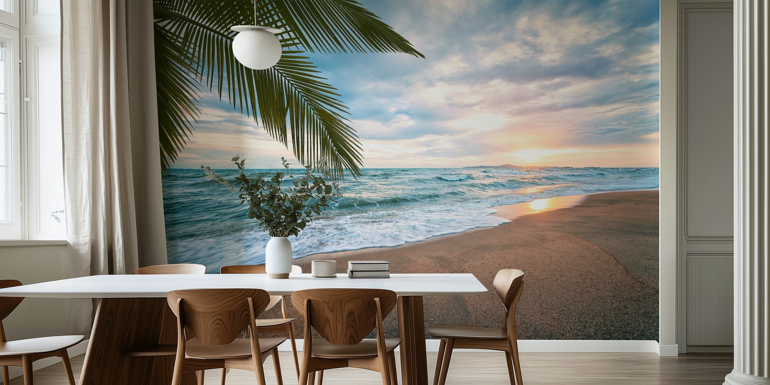 Beach sunset wallpaper with palm tree silhouette in soft colors