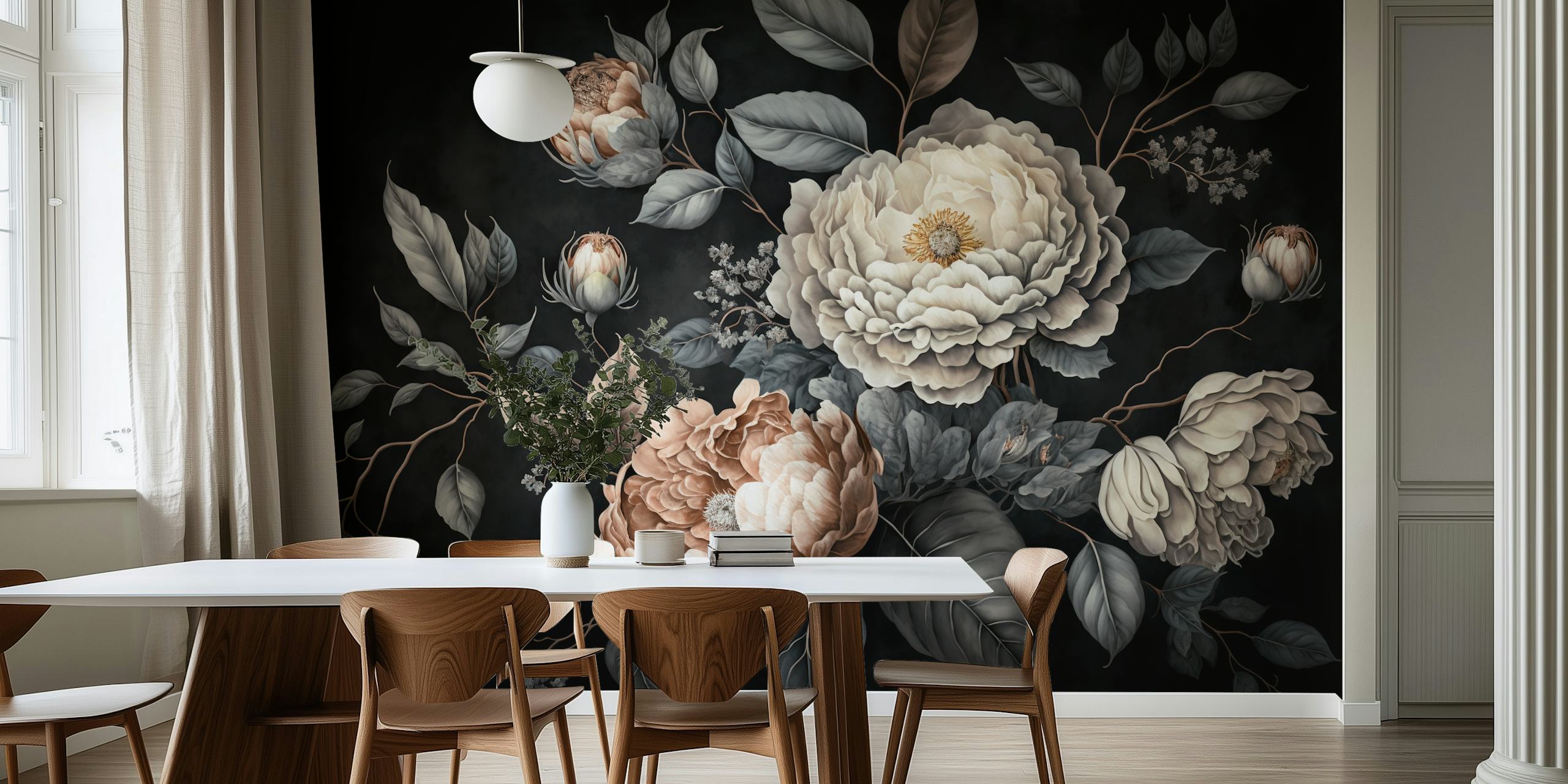 Large floral blooms in soft beige and cream on dark background wallpaper