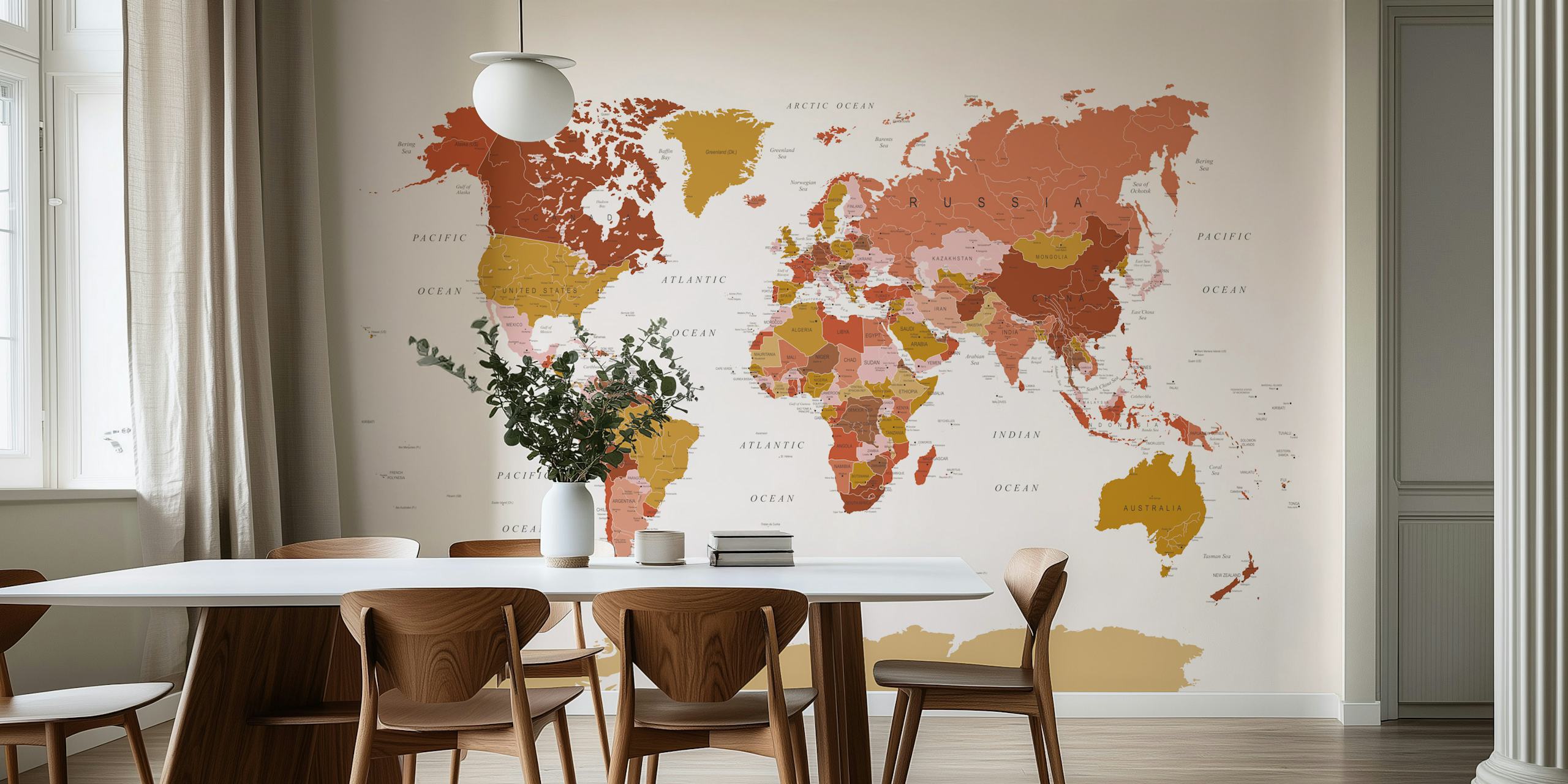 Papel pintado World Map Mustard Pink en una habitación
