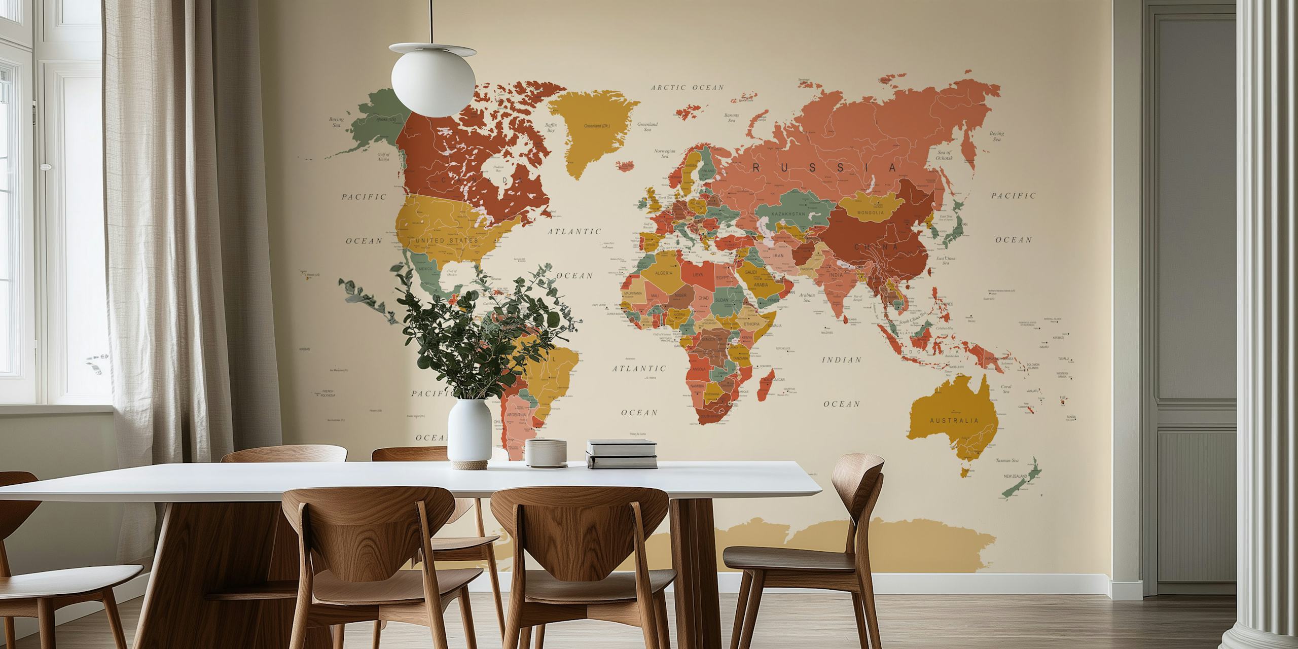 World map in terracotta and green colors, vintage style wallpaper