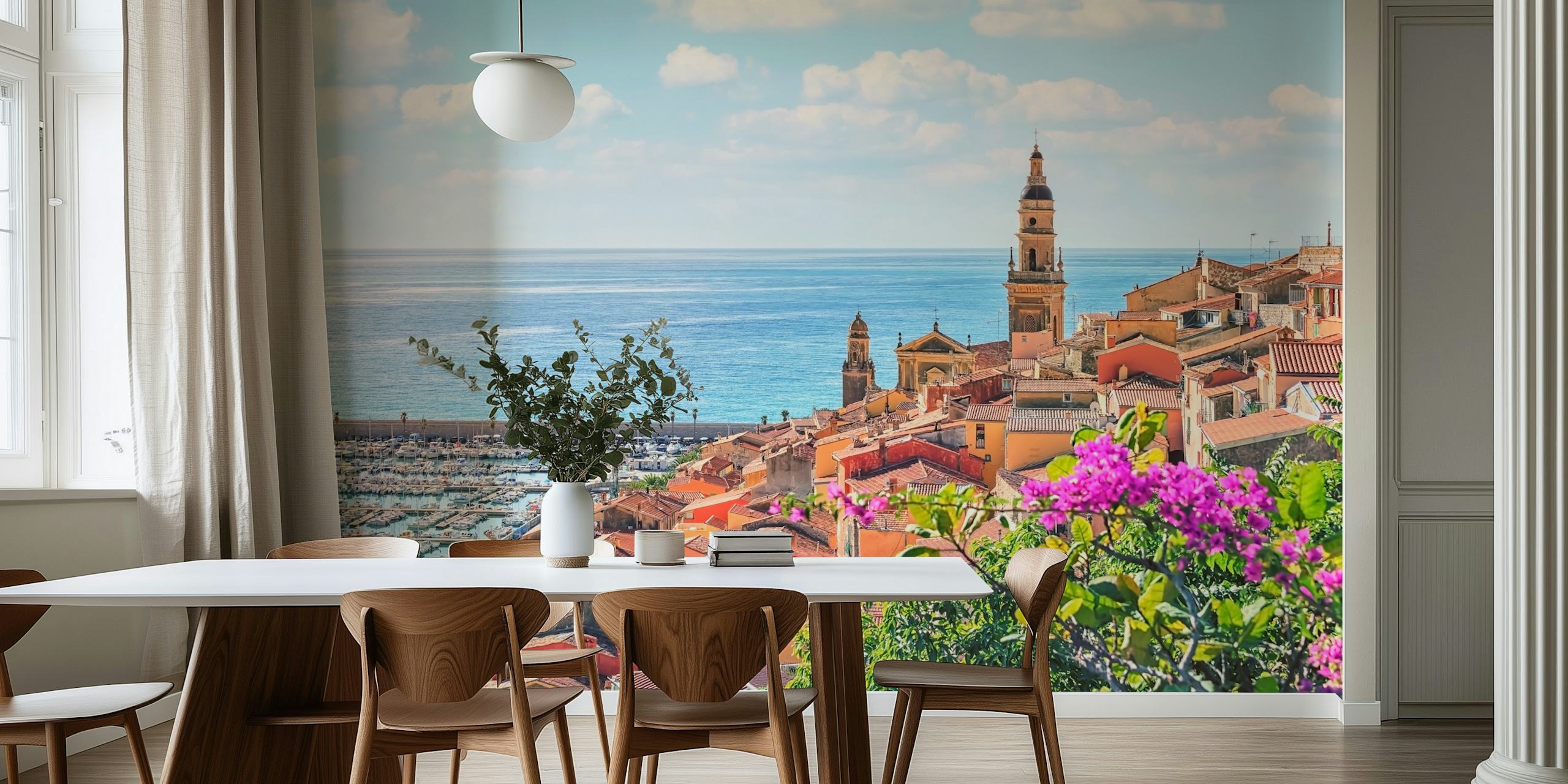 Mediterranean coastal village with colorful houses and blooming flowers wallpaper