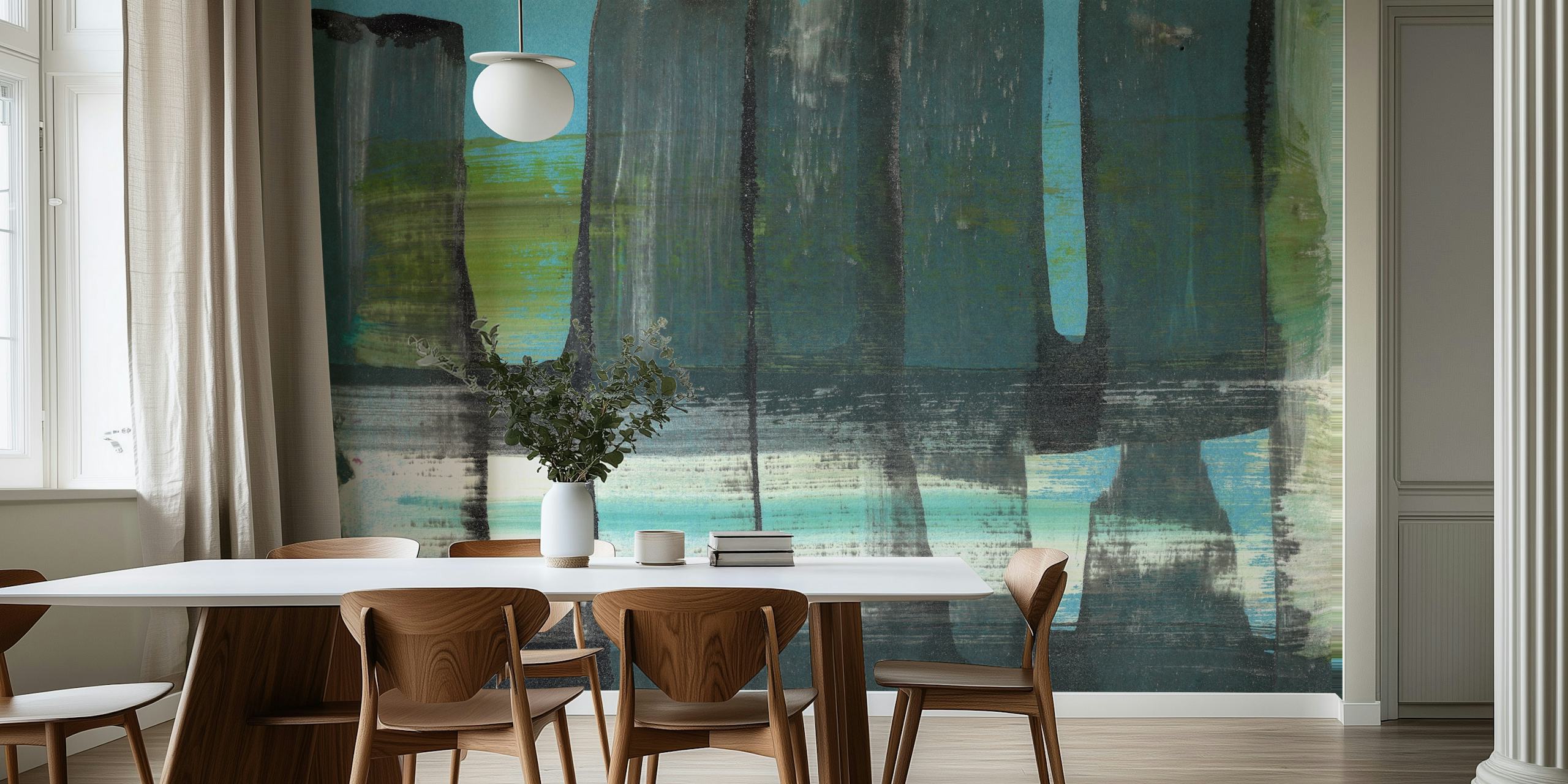 Papel pintado abstracto teal en la configuración de la habitación