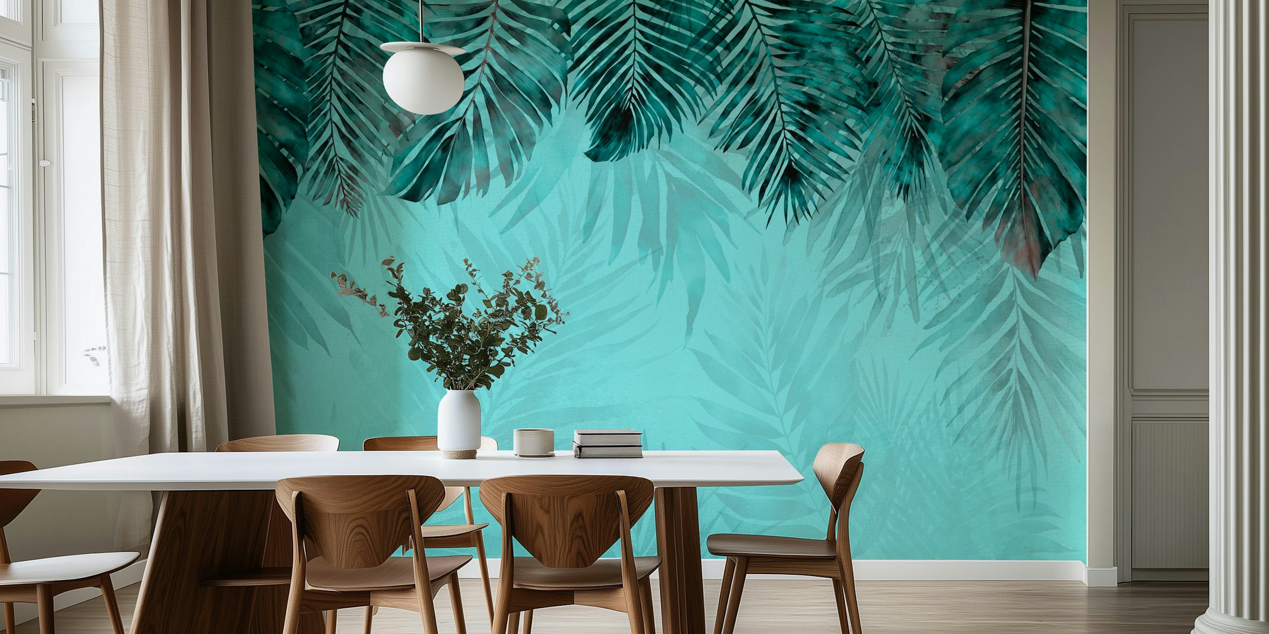 Turquoise and teal jungle-themed wall mural with tropical foliage patterns