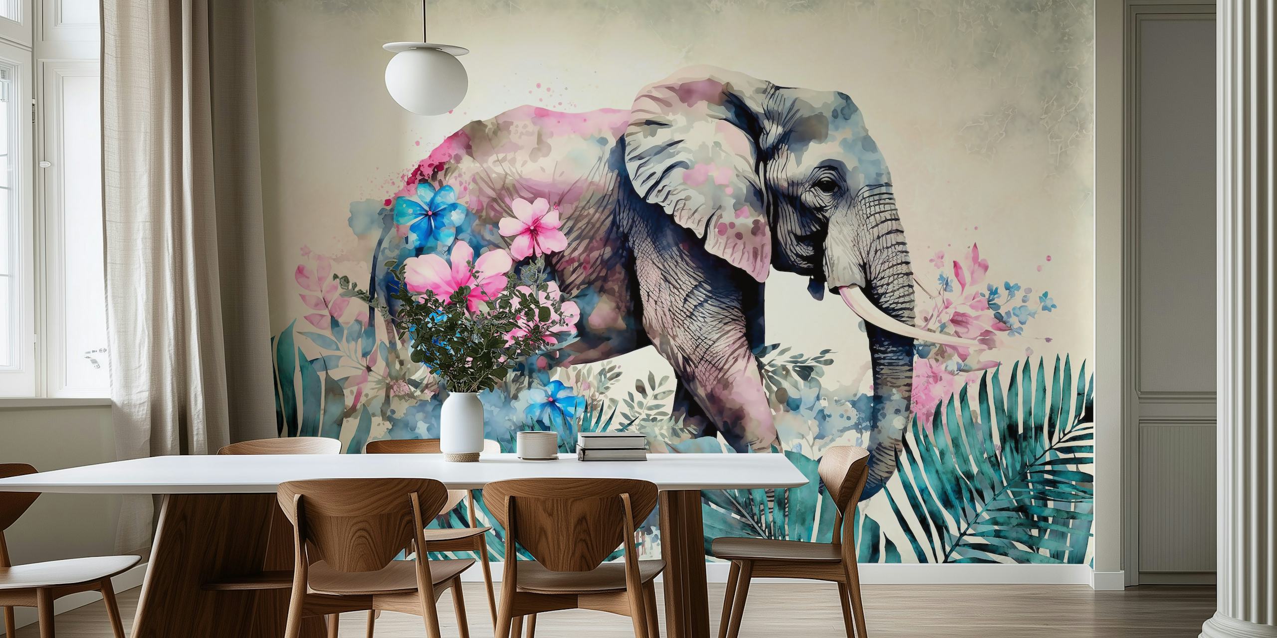 Tropical elephant with pink flowers and green leaves wallpaper