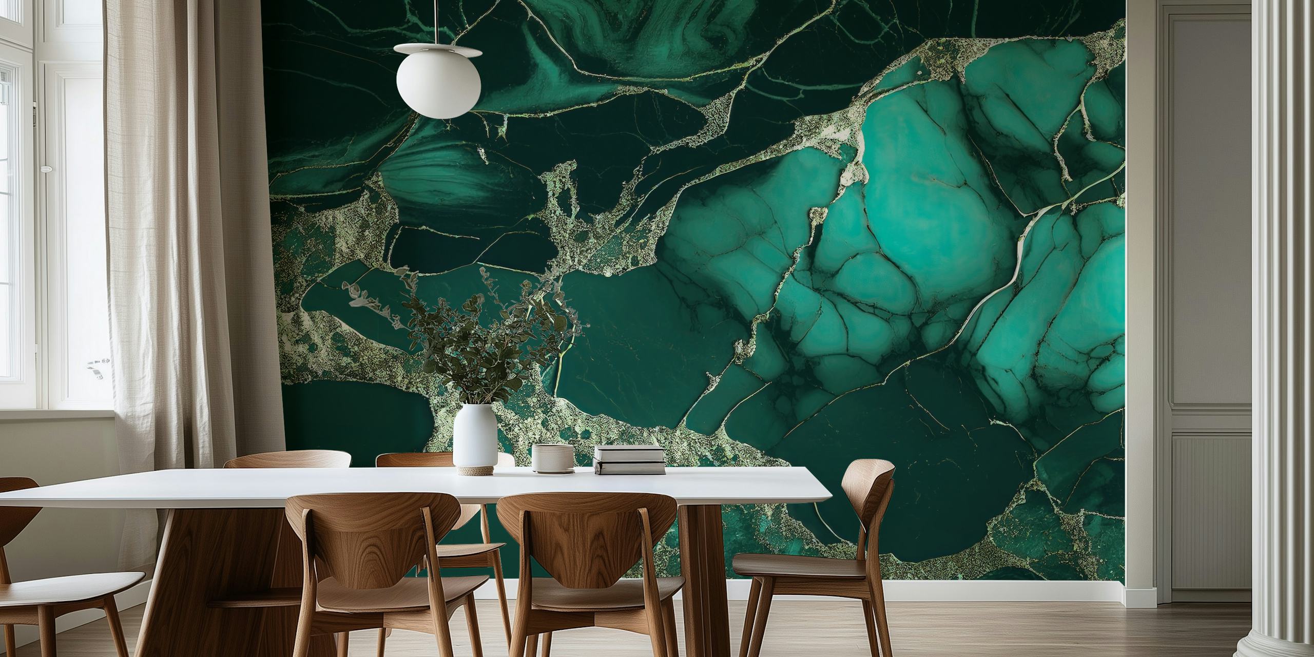 Emerald green marble wallpaper with black and gold veins